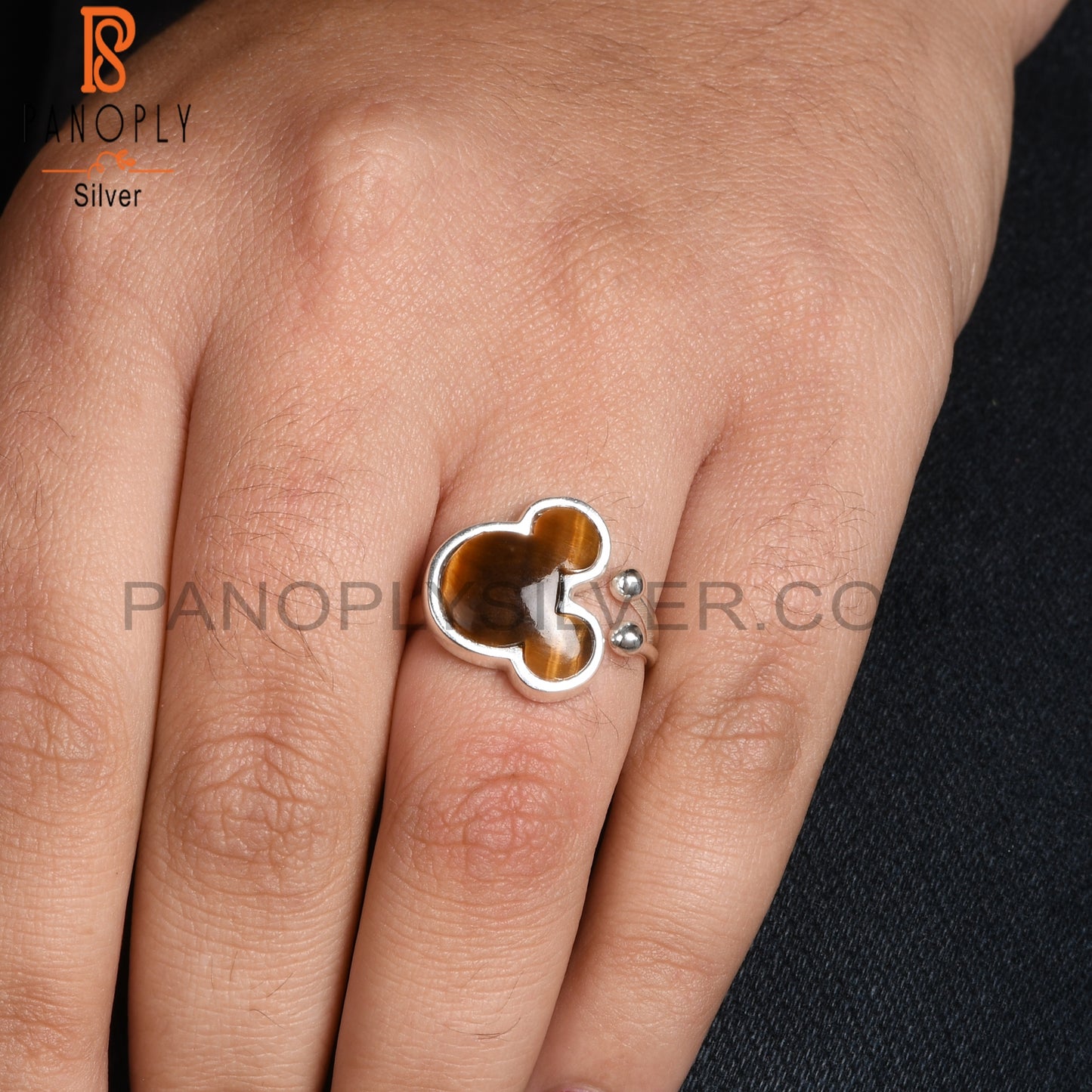 Tiger Eye Yellow Mouse Shape 925 Silver Adjustable Ring