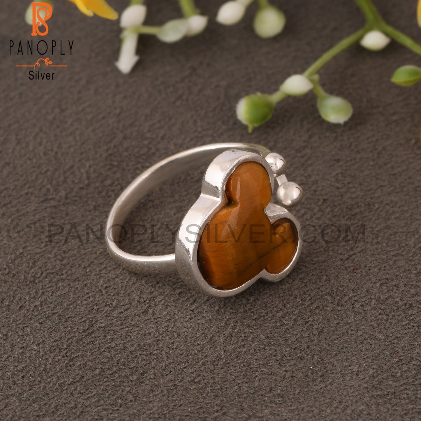 Tiger Eye Yellow Mouse Shape 925 Silver Adjustable Ring
