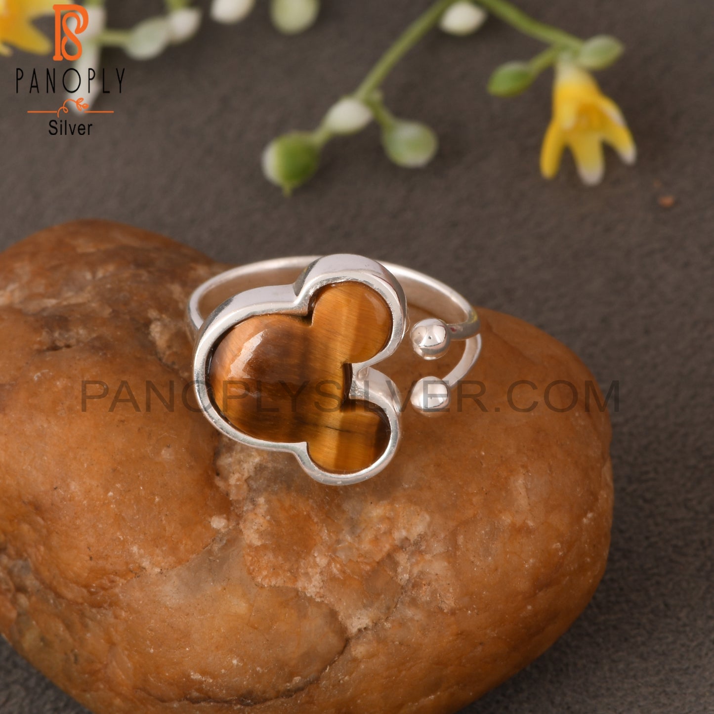 Tiger Eye Yellow Mouse Shape 925 Silver Adjustable Ring