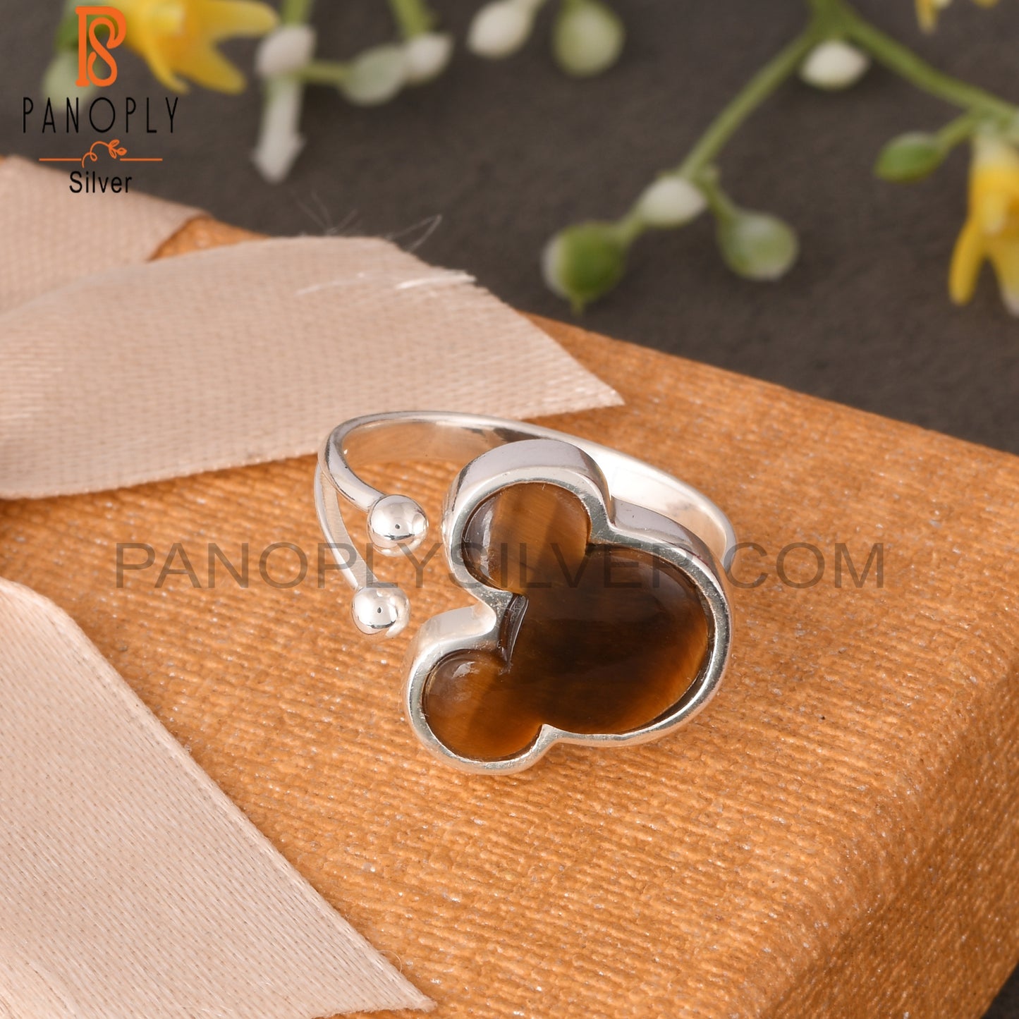 Tiger Eye Yellow Mouse Shape 925 Silver Adjustable Ring