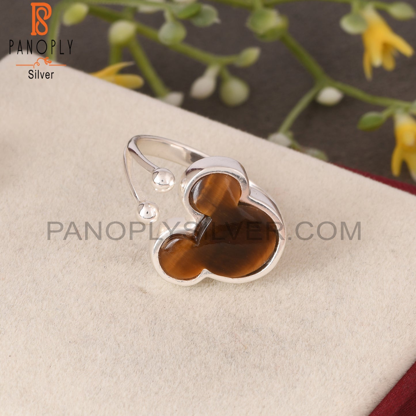 Tiger Eye Yellow Mouse Shape 925 Silver Adjustable Ring