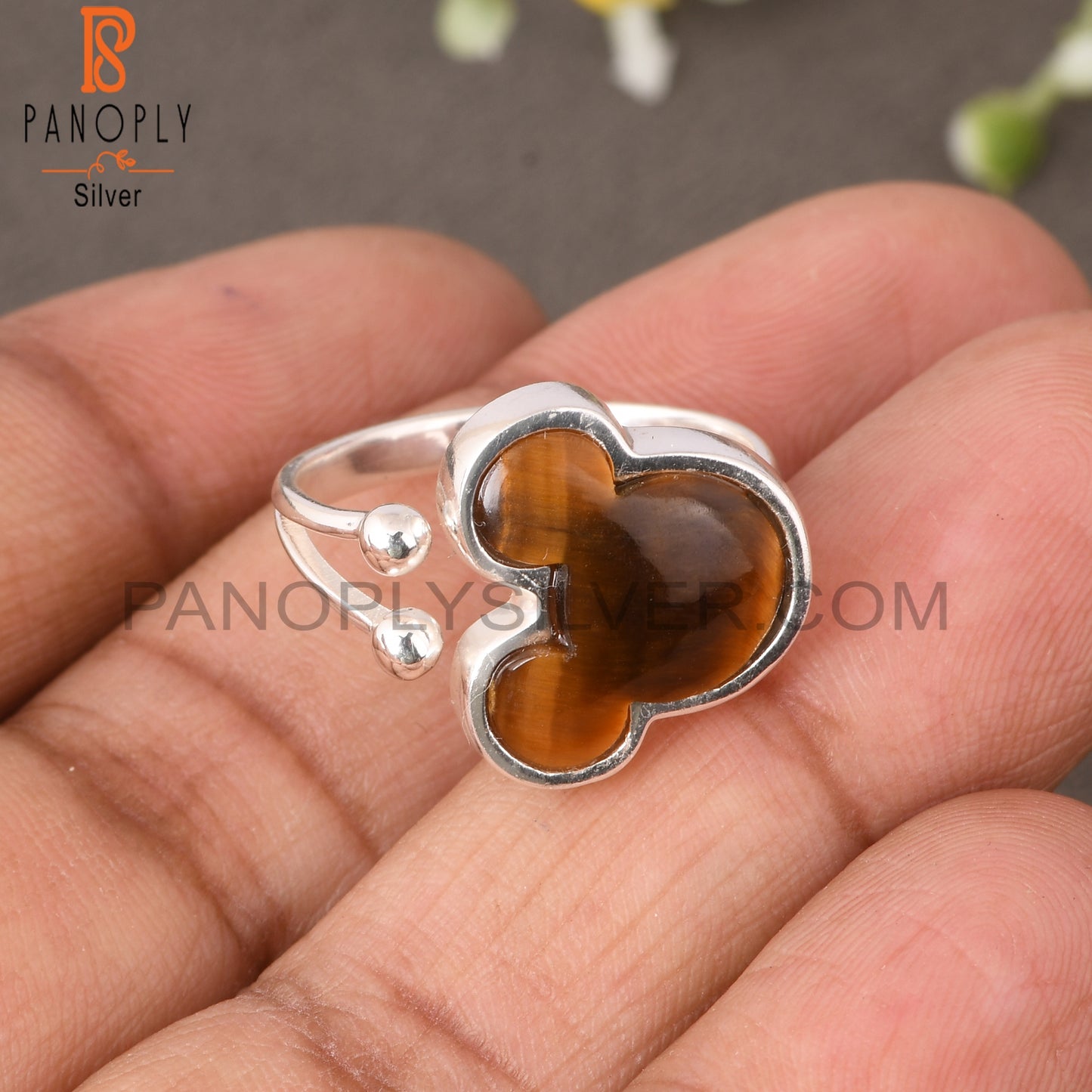 Tiger Eye Yellow Mouse Shape 925 Silver Adjustable Ring