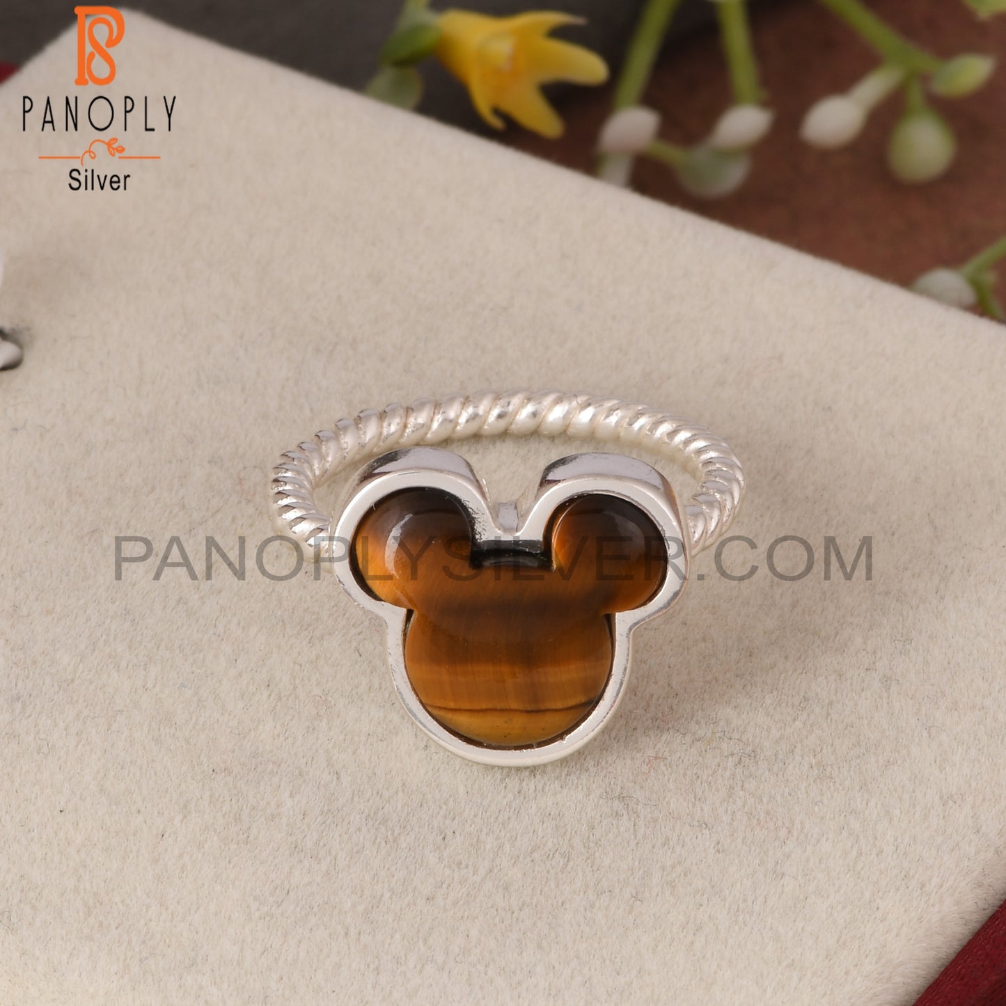 Twist Band Tiger Eye Yellow Mouse 925 Sterling Silver Ring