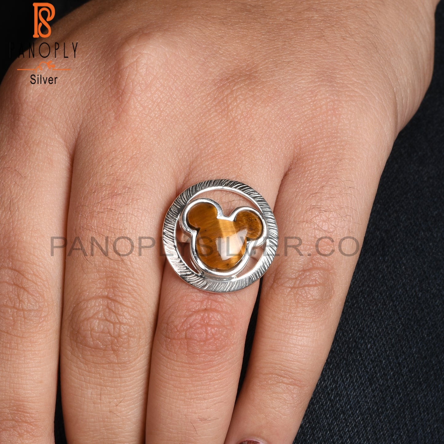 Tiger Eye Yellow Mouse in Circle 925 Sterling Silver Ring