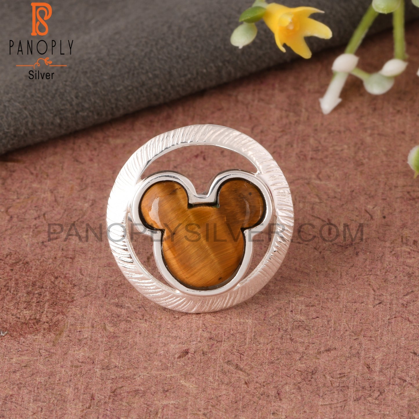 Tiger Eye Yellow Mouse in Circle 925 Sterling Silver Ring