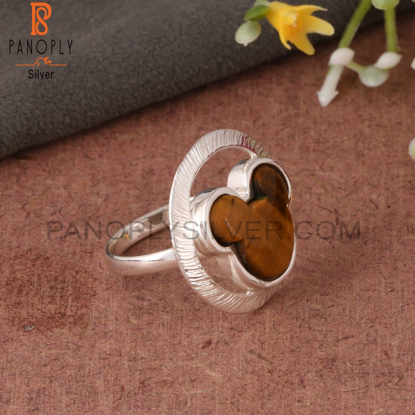 Tiger Eye Yellow Mouse in Circle 925 Sterling Silver Ring