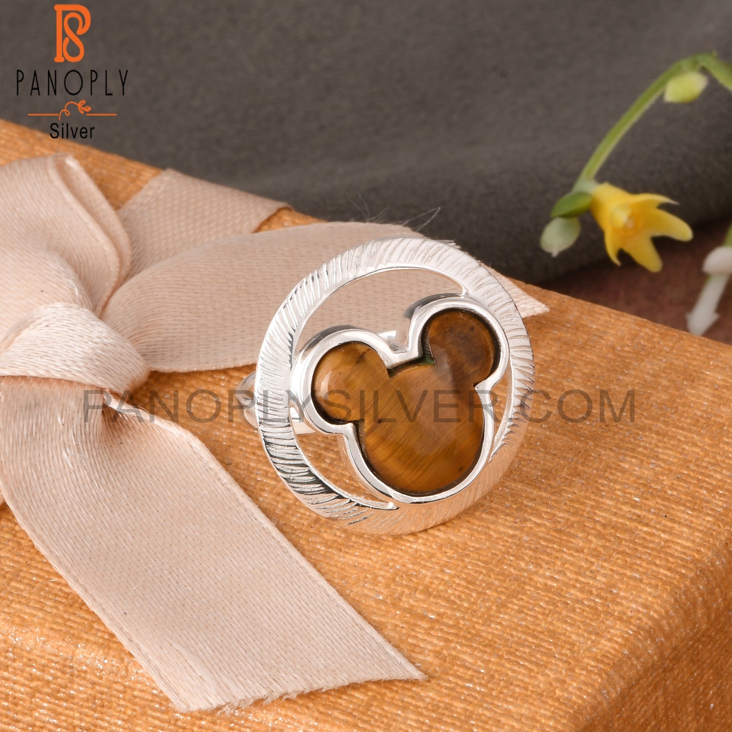 Tiger Eye Yellow Mouse in Circle 925 Sterling Silver Ring