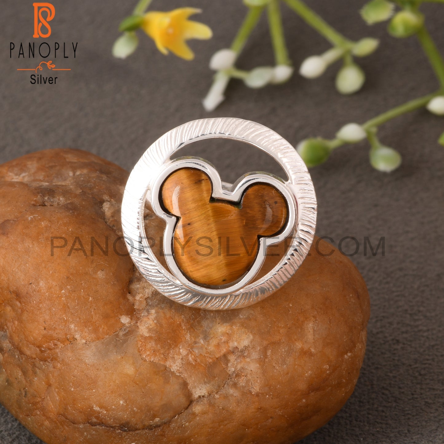 Tiger Eye Yellow Mouse in Circle 925 Sterling Silver Ring