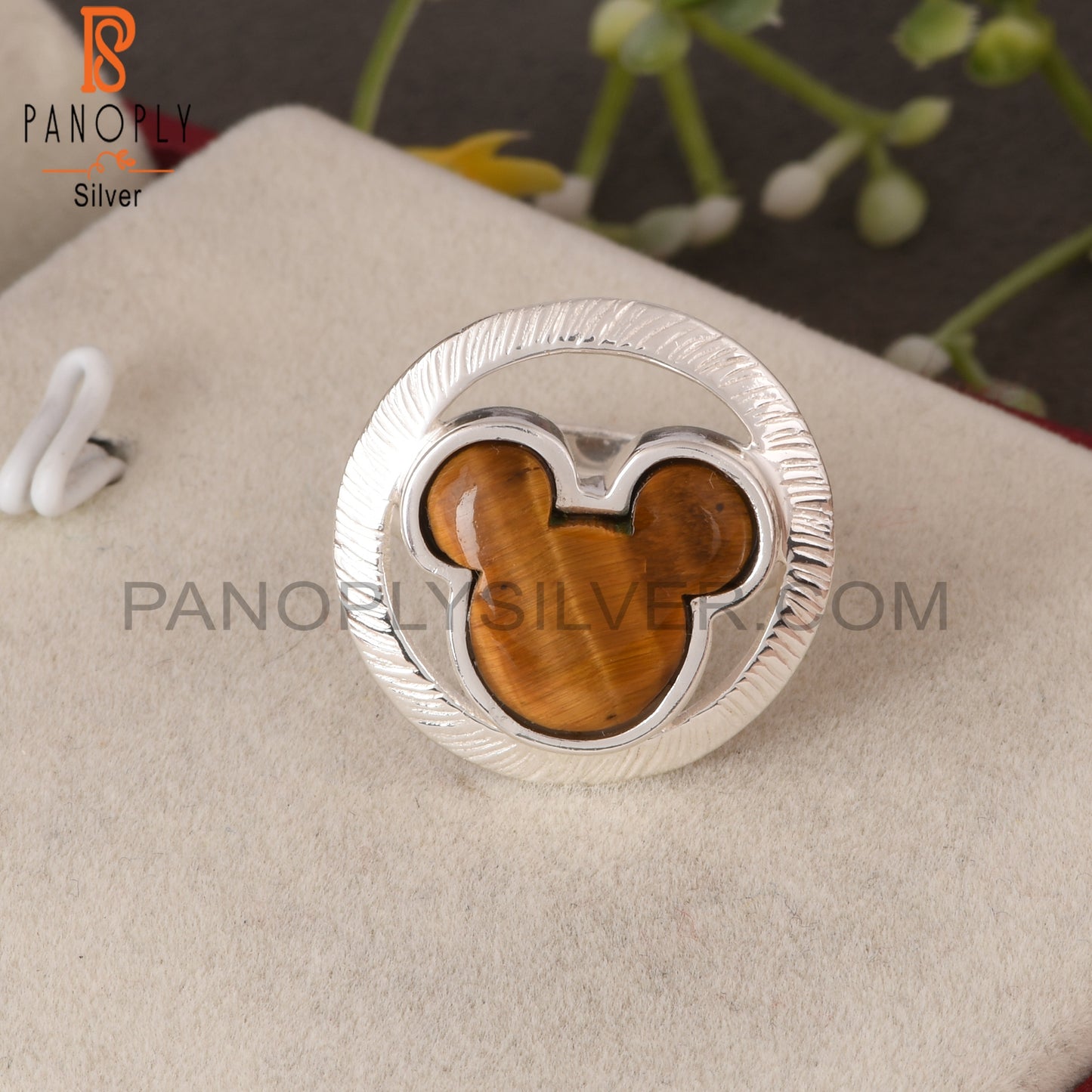 Tiger Eye Yellow Mouse in Circle 925 Sterling Silver Ring