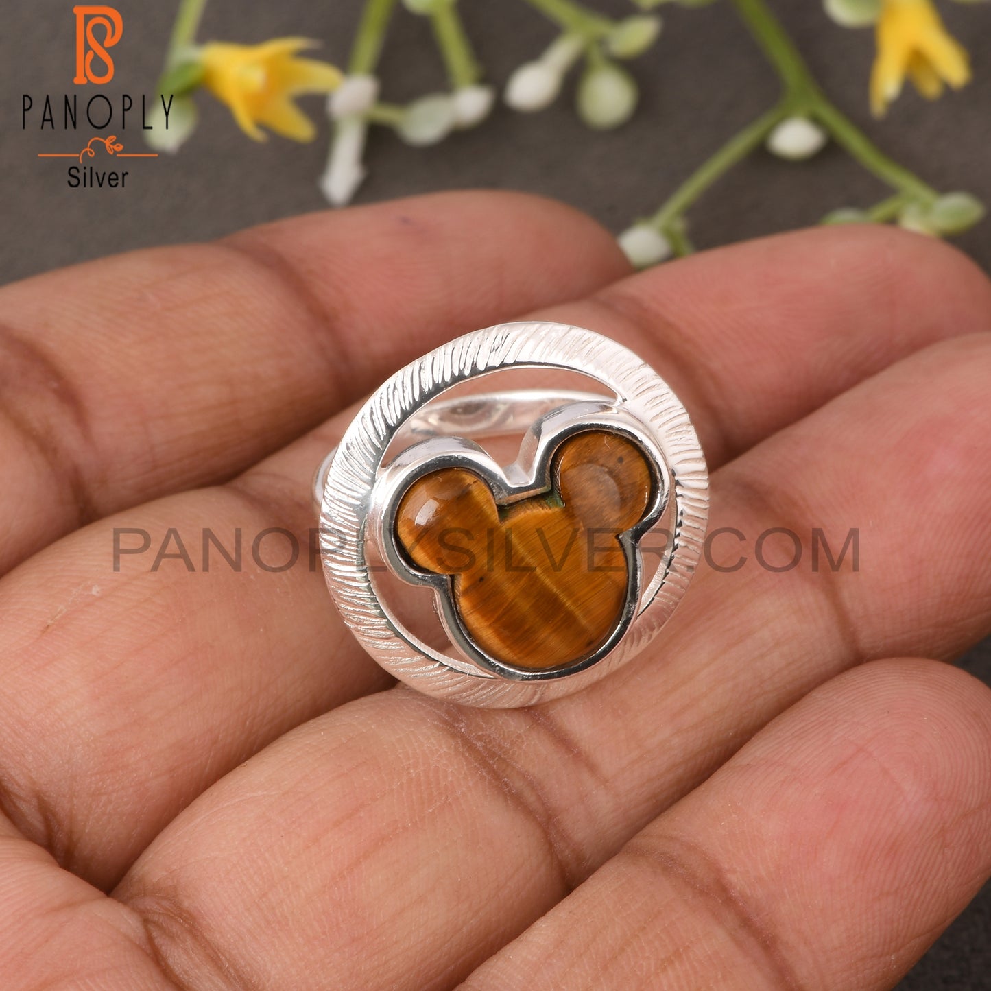 Tiger Eye Yellow Mouse in Circle 925 Sterling Silver Ring