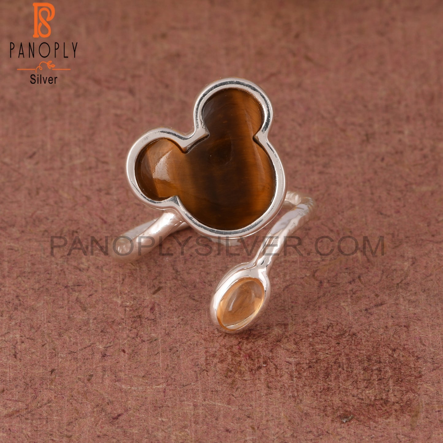 Tiger Eye Yellow & Citrine Mouse 925 Silver Twisted Ring