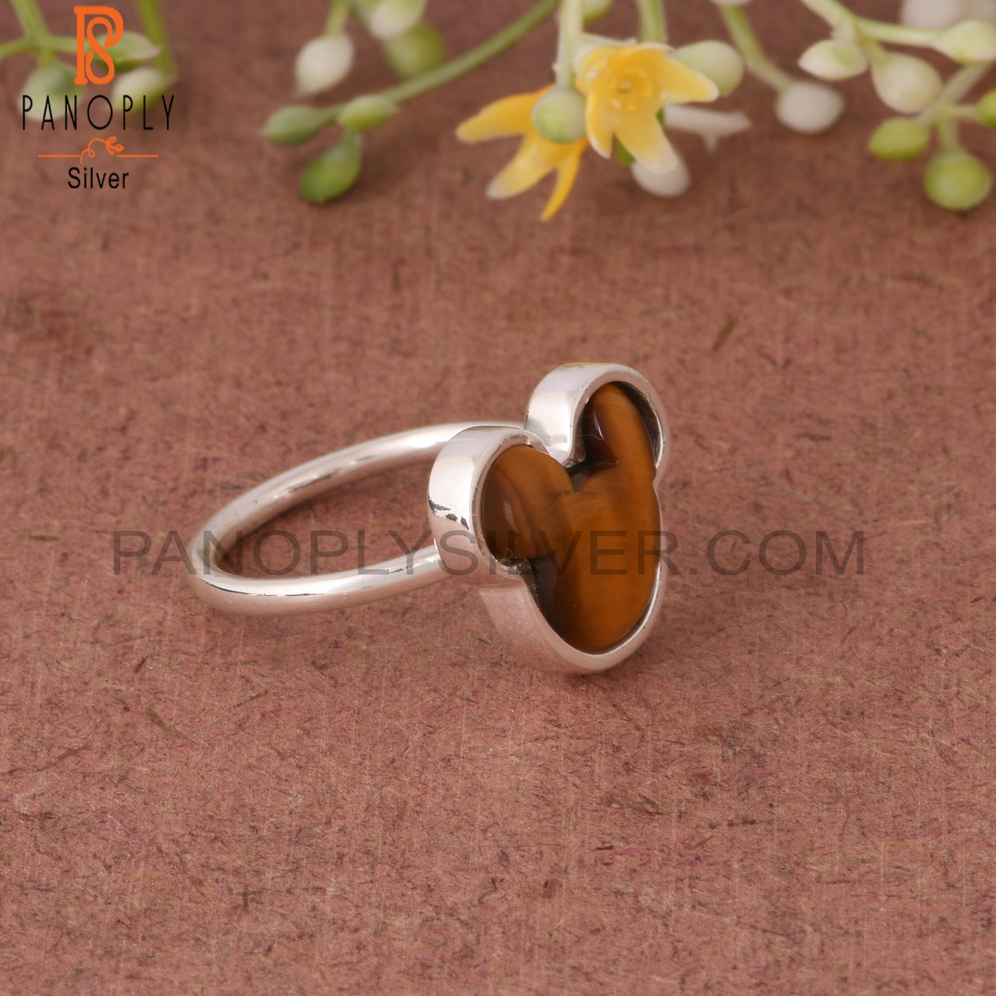 Tiger Eye Yellow Mouse 925 Sterling Silver Cat Ring