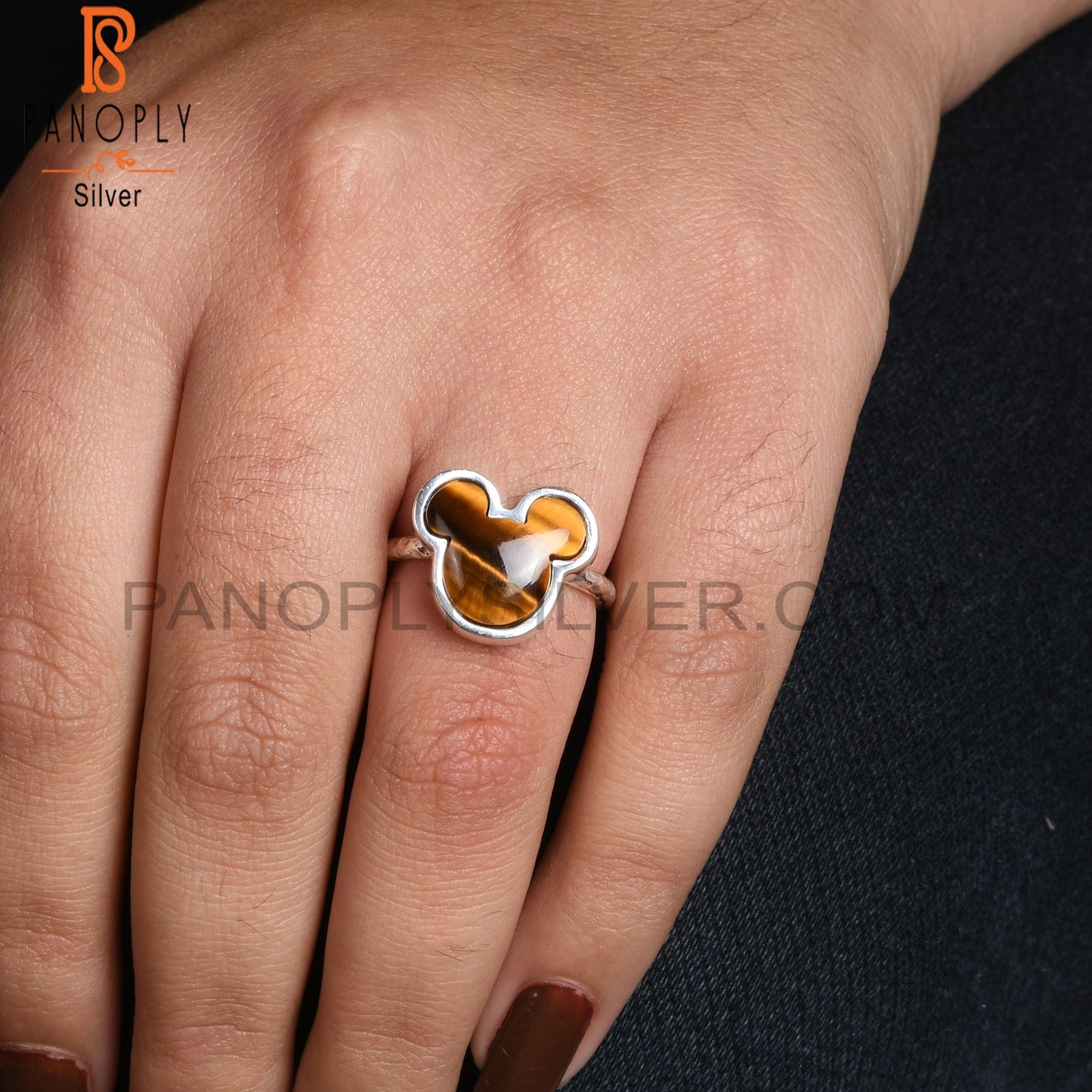 Tiger Eye Yellow Mickey Mouse Shape 925 Silver Finger Ring