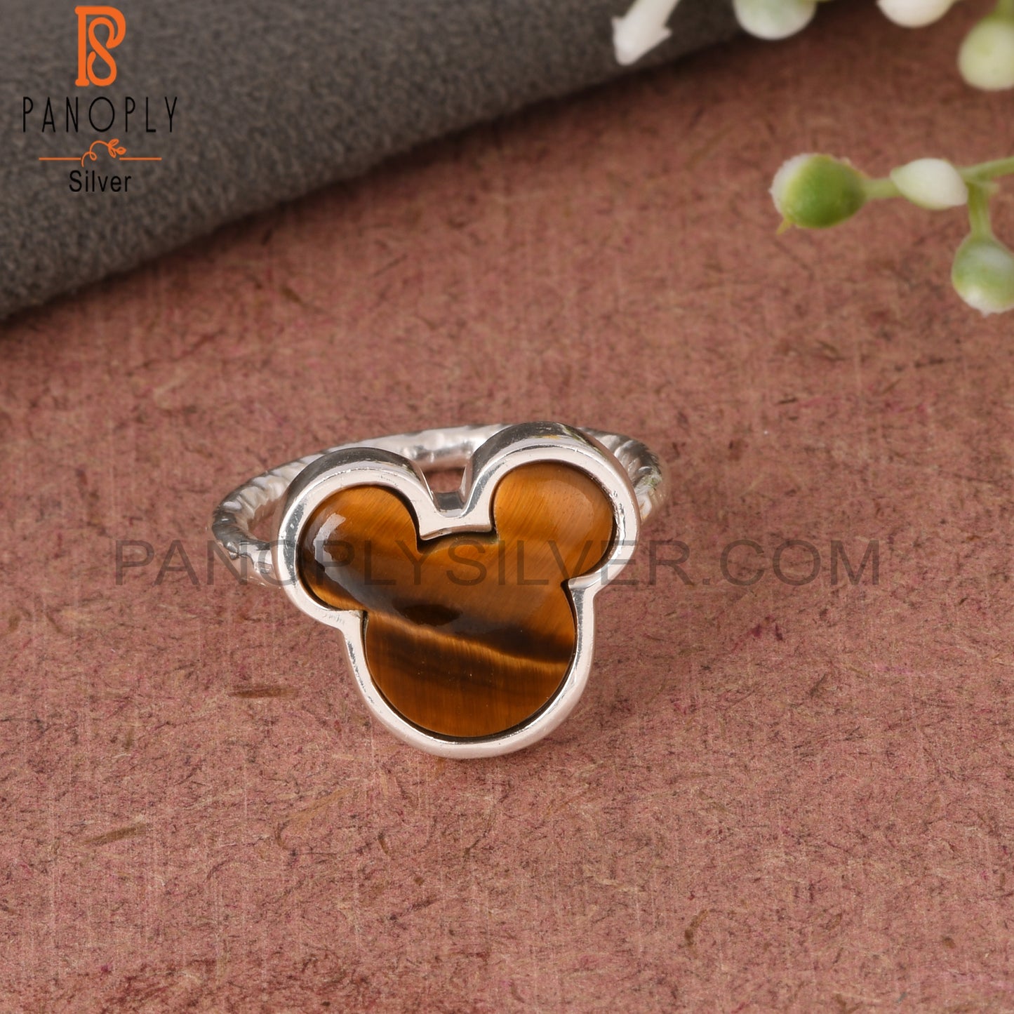 Tiger Eye Yellow Mickey Mouse Shape 925 Silver Finger Ring