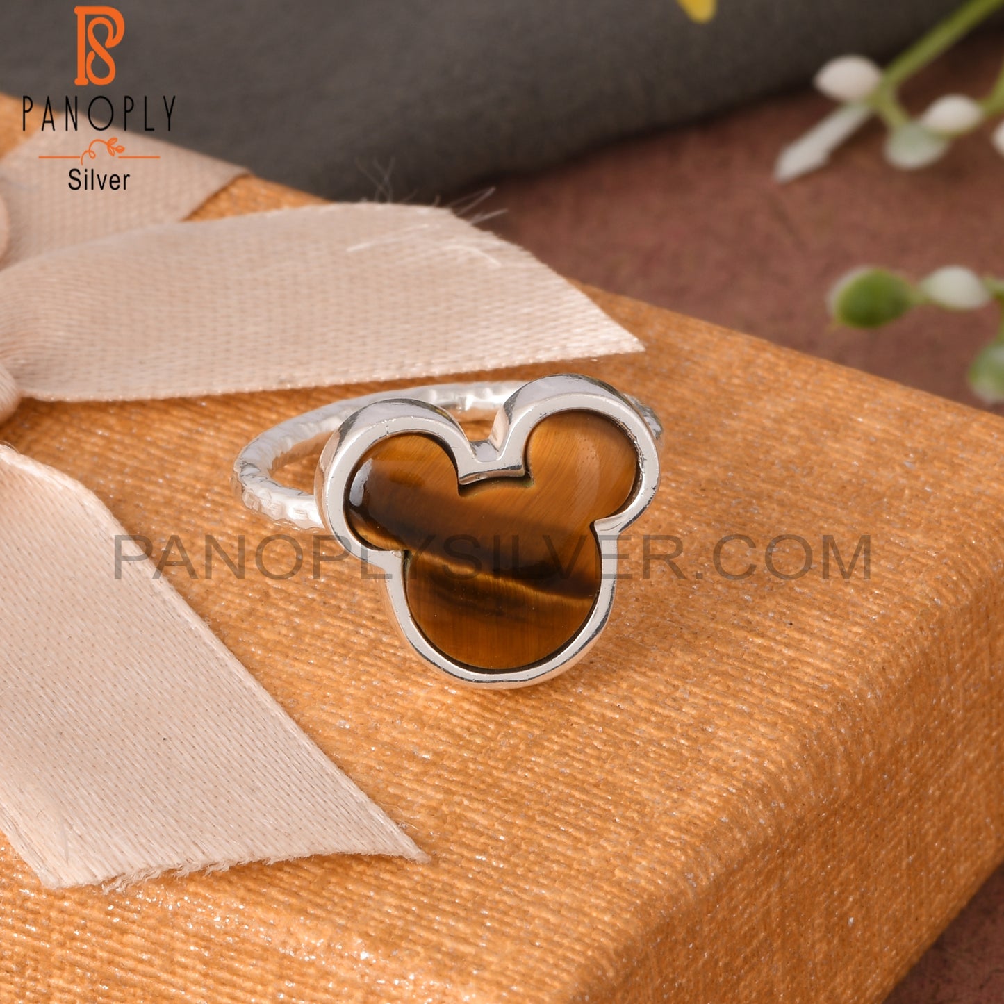 Tiger Eye Yellow Mickey Mouse Shape 925 Silver Finger Ring