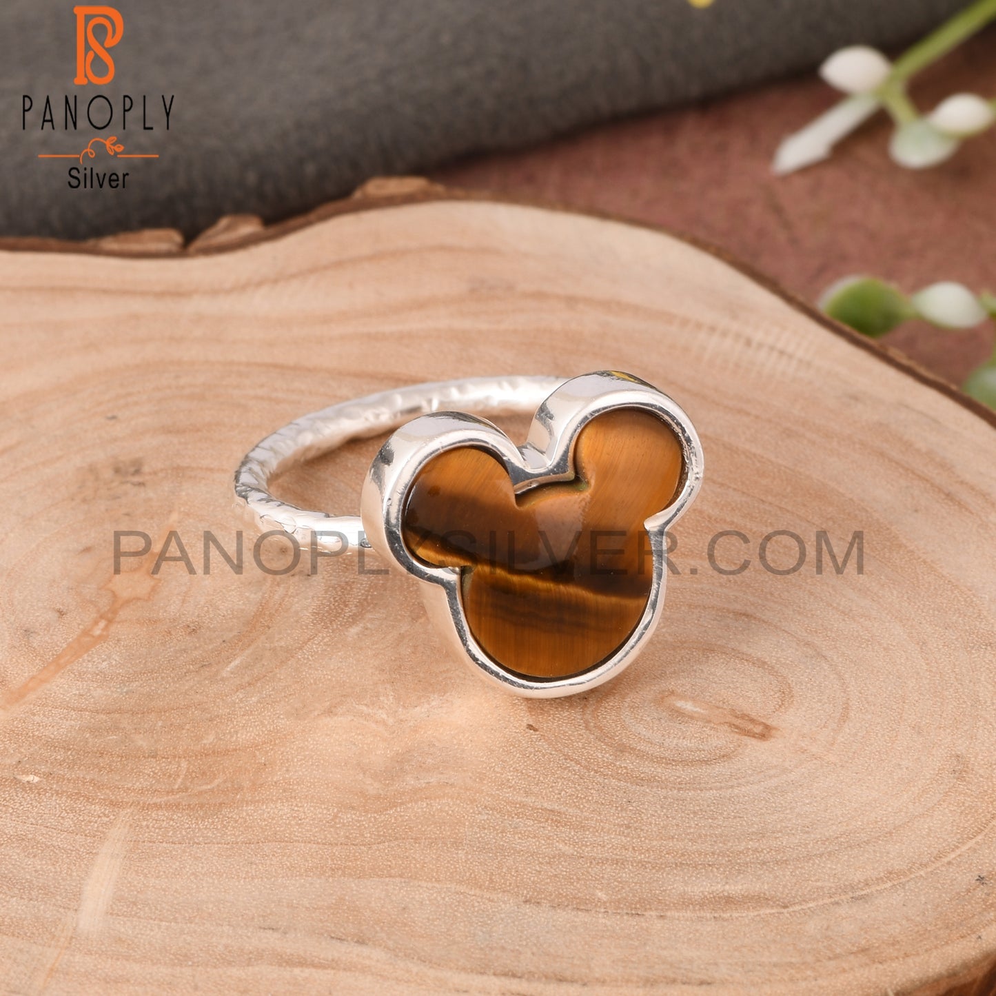 Tiger Eye Yellow Mickey Mouse Shape 925 Silver Finger Ring
