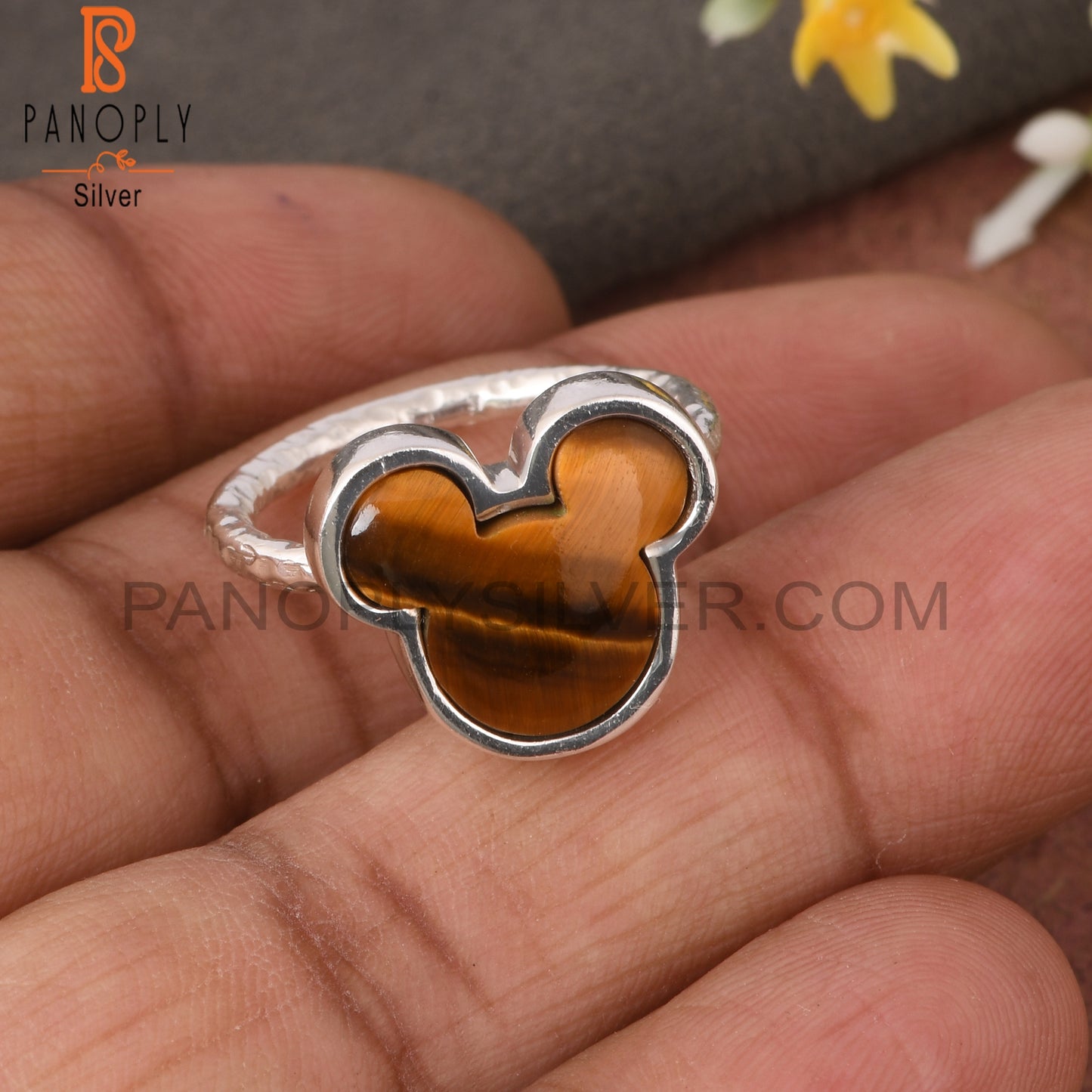 Tiger Eye Yellow Mickey Mouse Shape 925 Silver Finger Ring