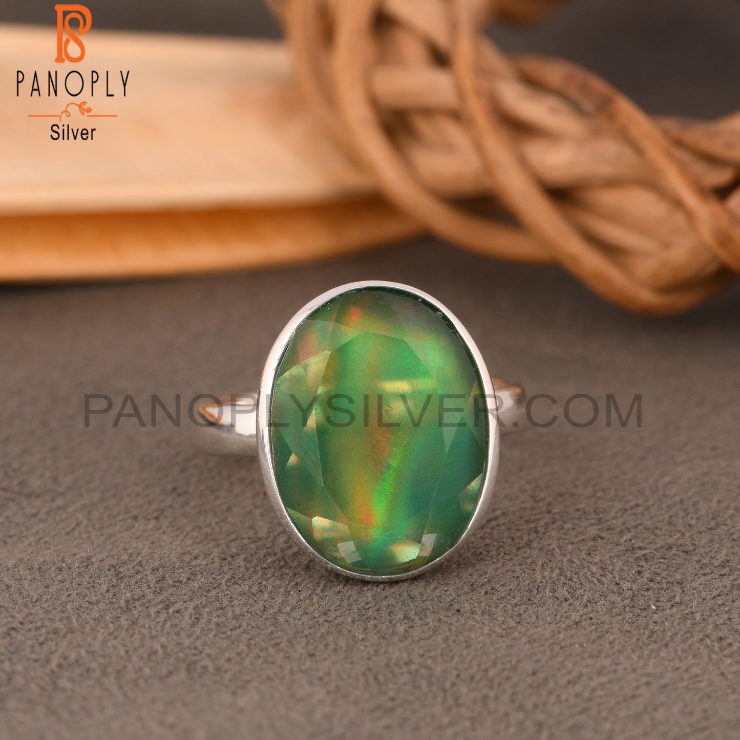 Aurora Opal Green Oval 925 Sterling Silver Ring