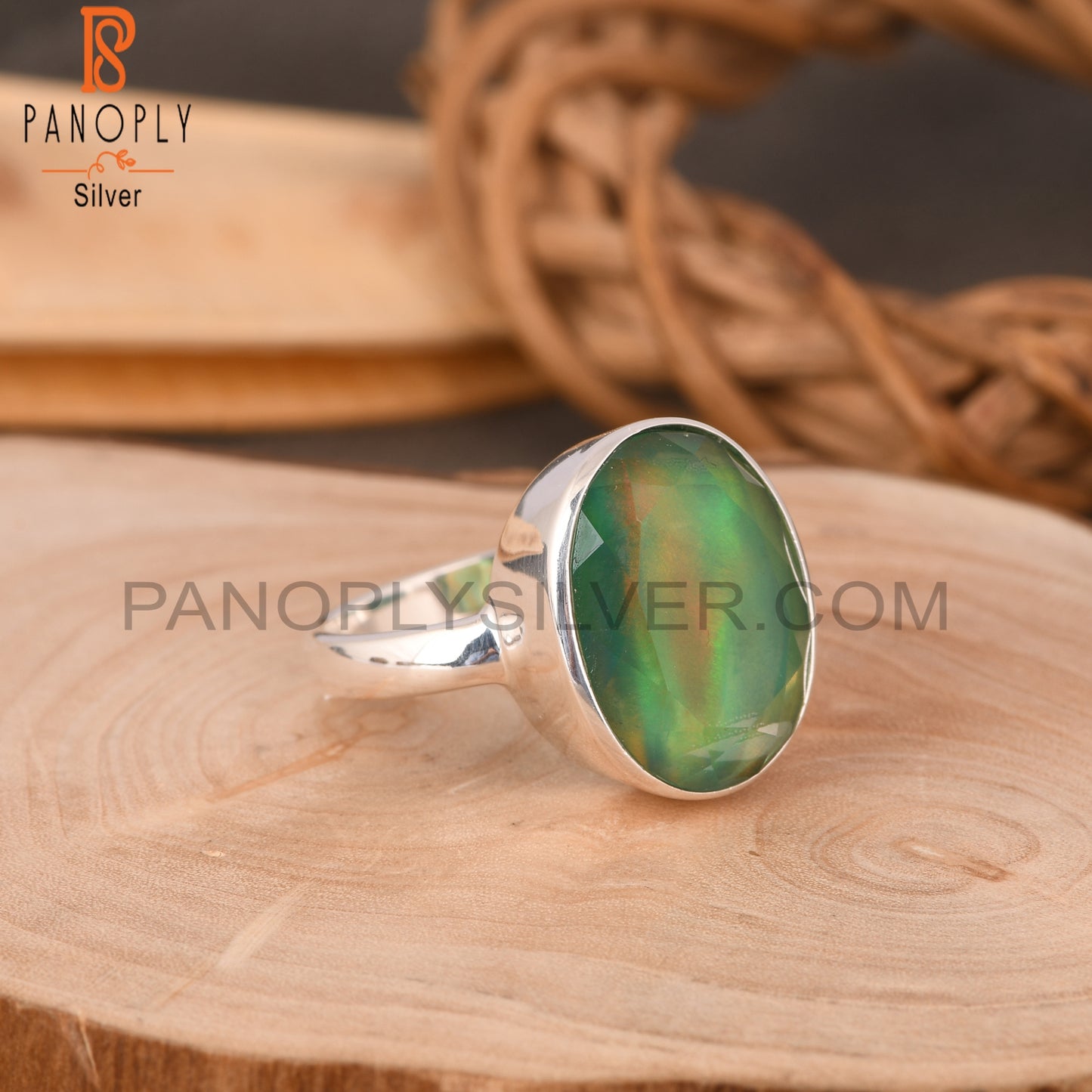 Aurora Opal Green Oval 925 Sterling Silver Ring