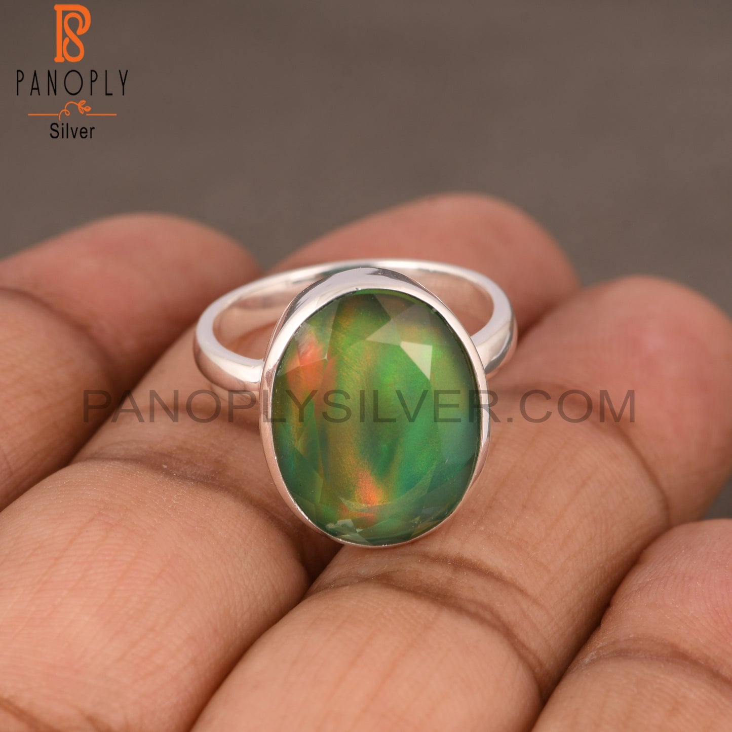 Aurora Opal Green Oval 925 Sterling Silver Ring