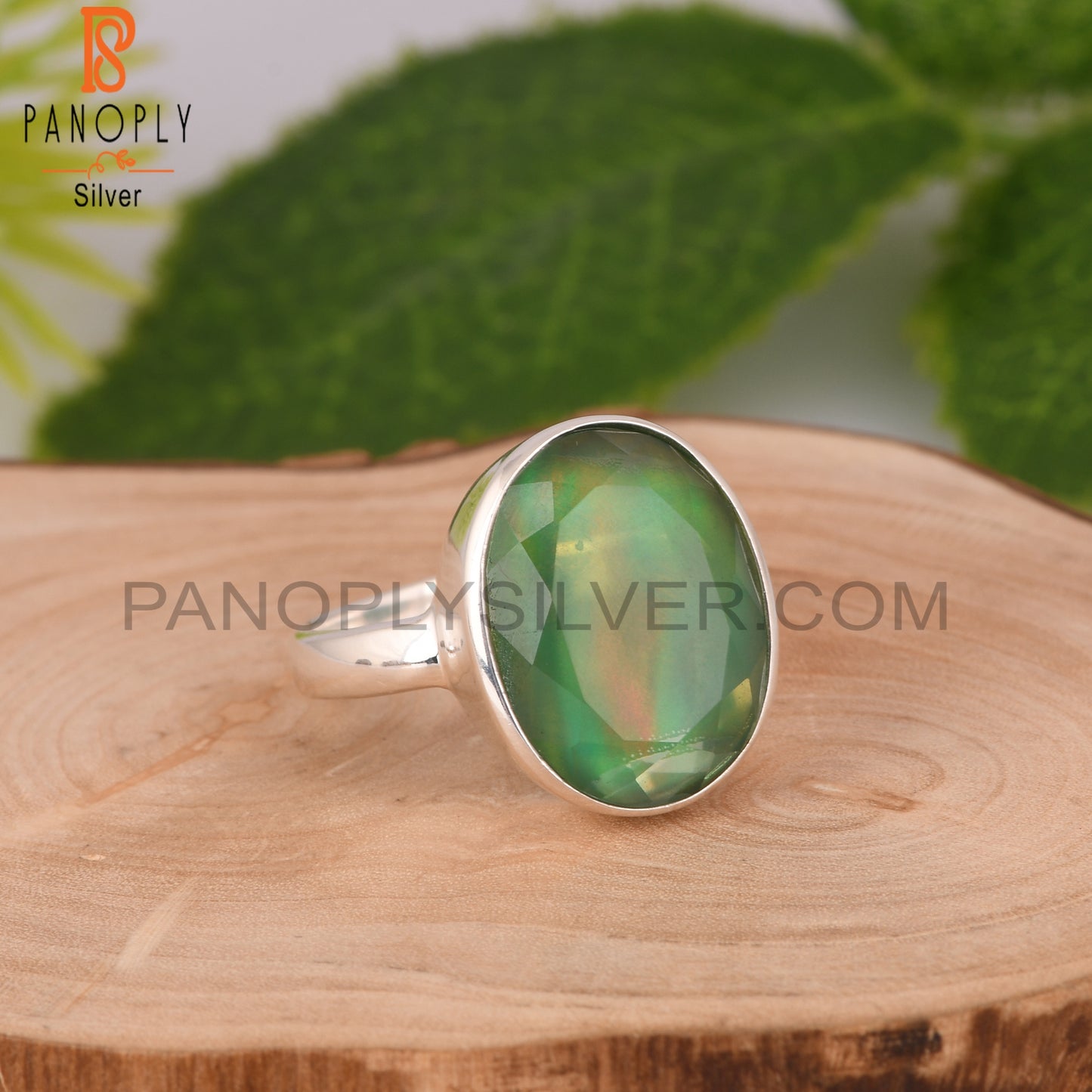 Aurora Opal Green Oval 925 Sterling Silver Ring