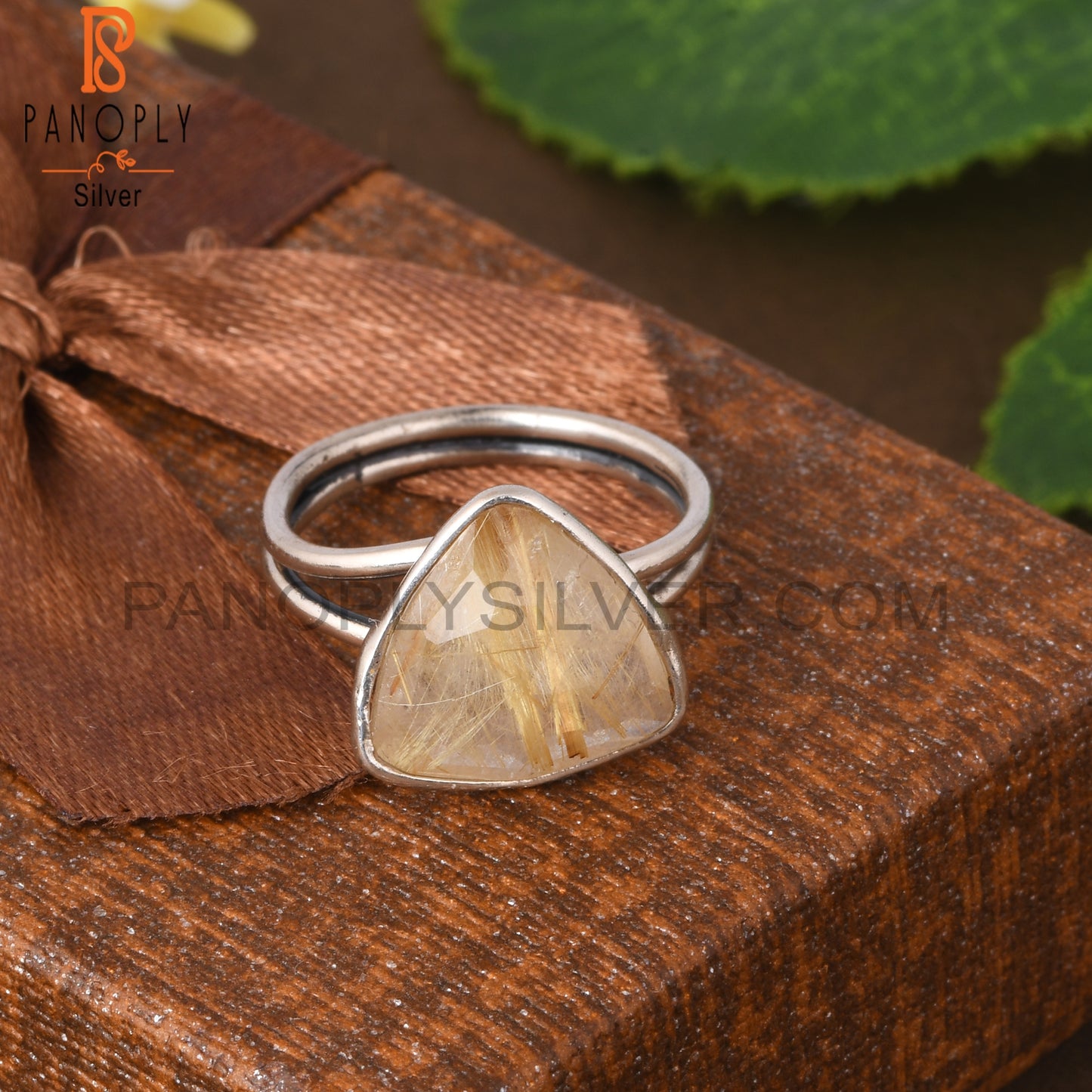 Golden Rutile Trillion Shape 925 Sterling Silver Ring