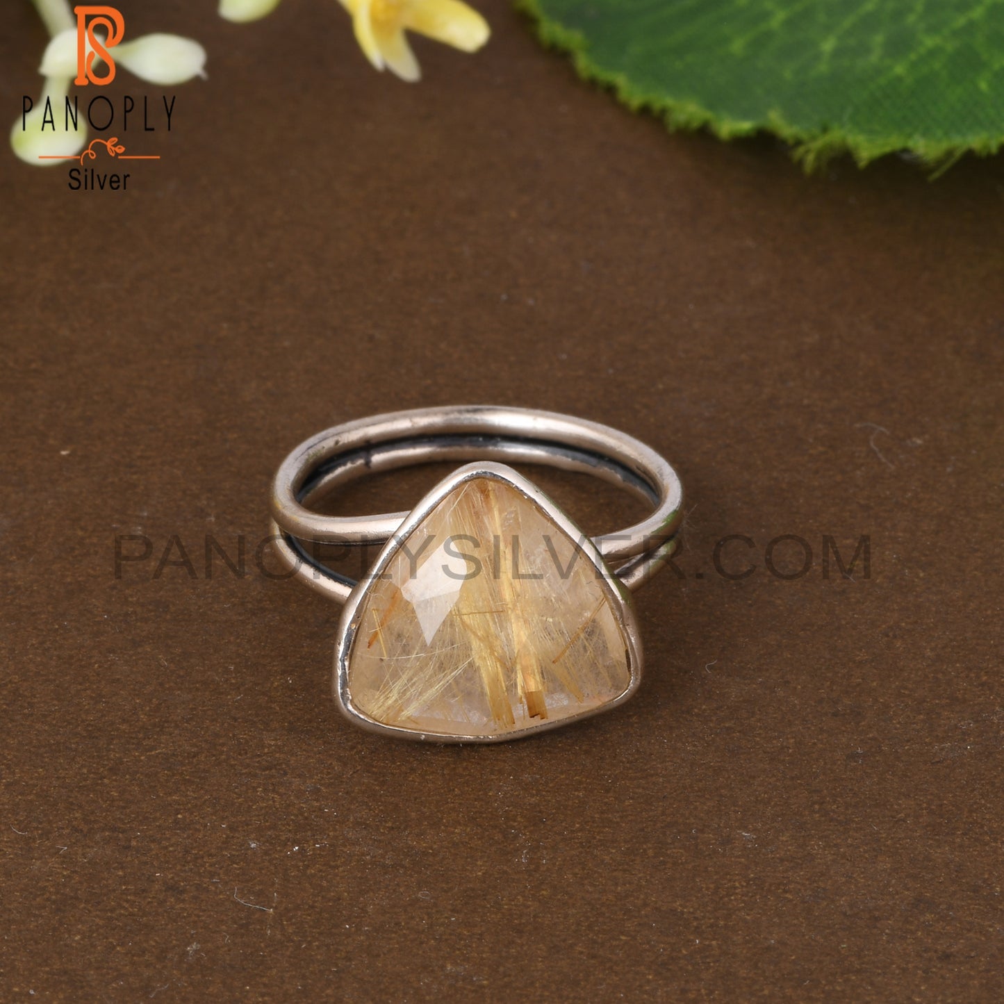 Golden Rutile Trillion Shape 925 Sterling Silver Ring