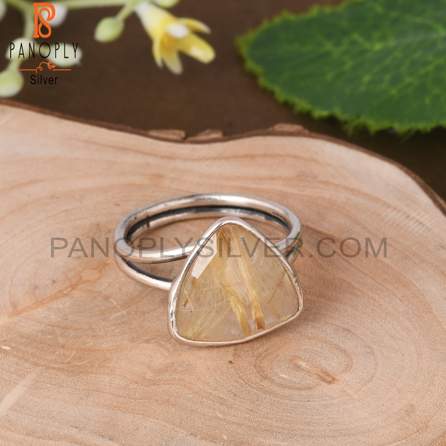 Golden Rutile Trillion Shape 925 Sterling Silver Ring