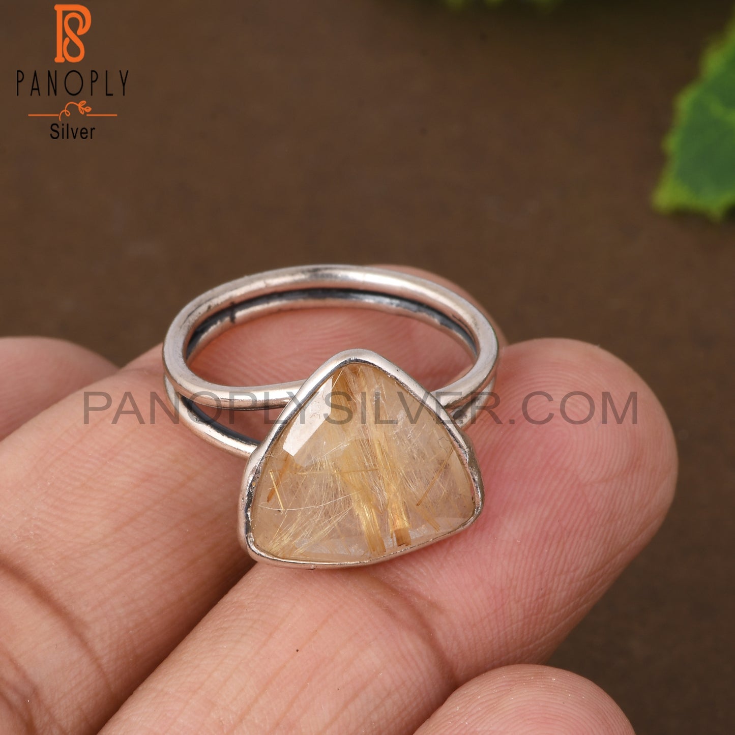 Golden Rutile Trillion Shape 925 Sterling Silver Ring