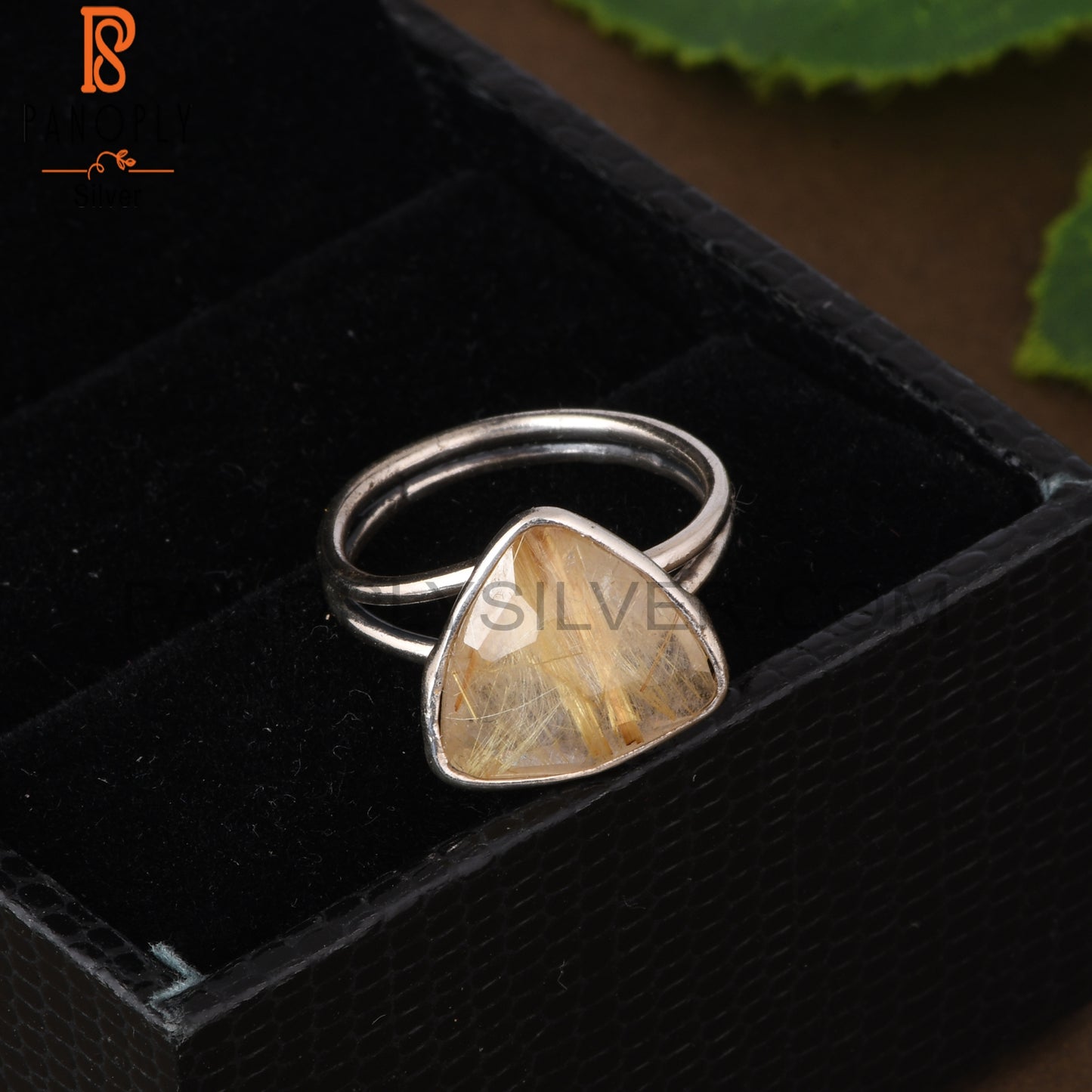 Golden Rutile Trillion Shape 925 Sterling Silver Ring