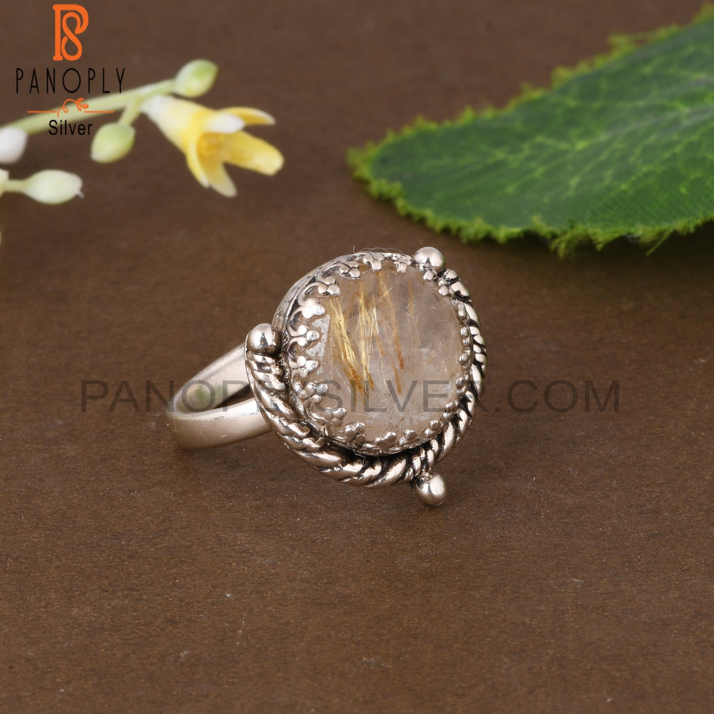 Golden Rutile Round 925 Sterling Silver Ring