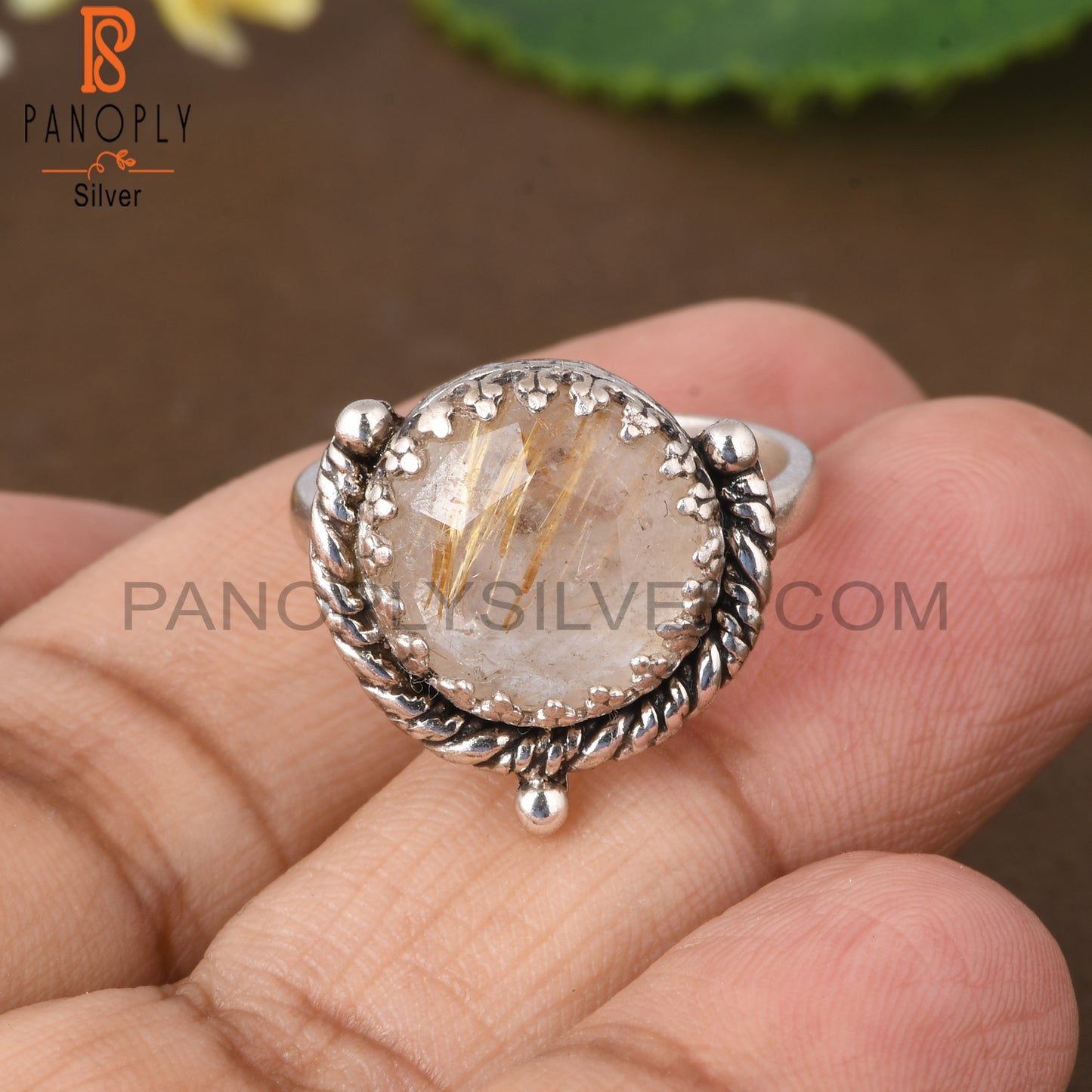 Golden Rutile Round 925 Sterling Silver Ring