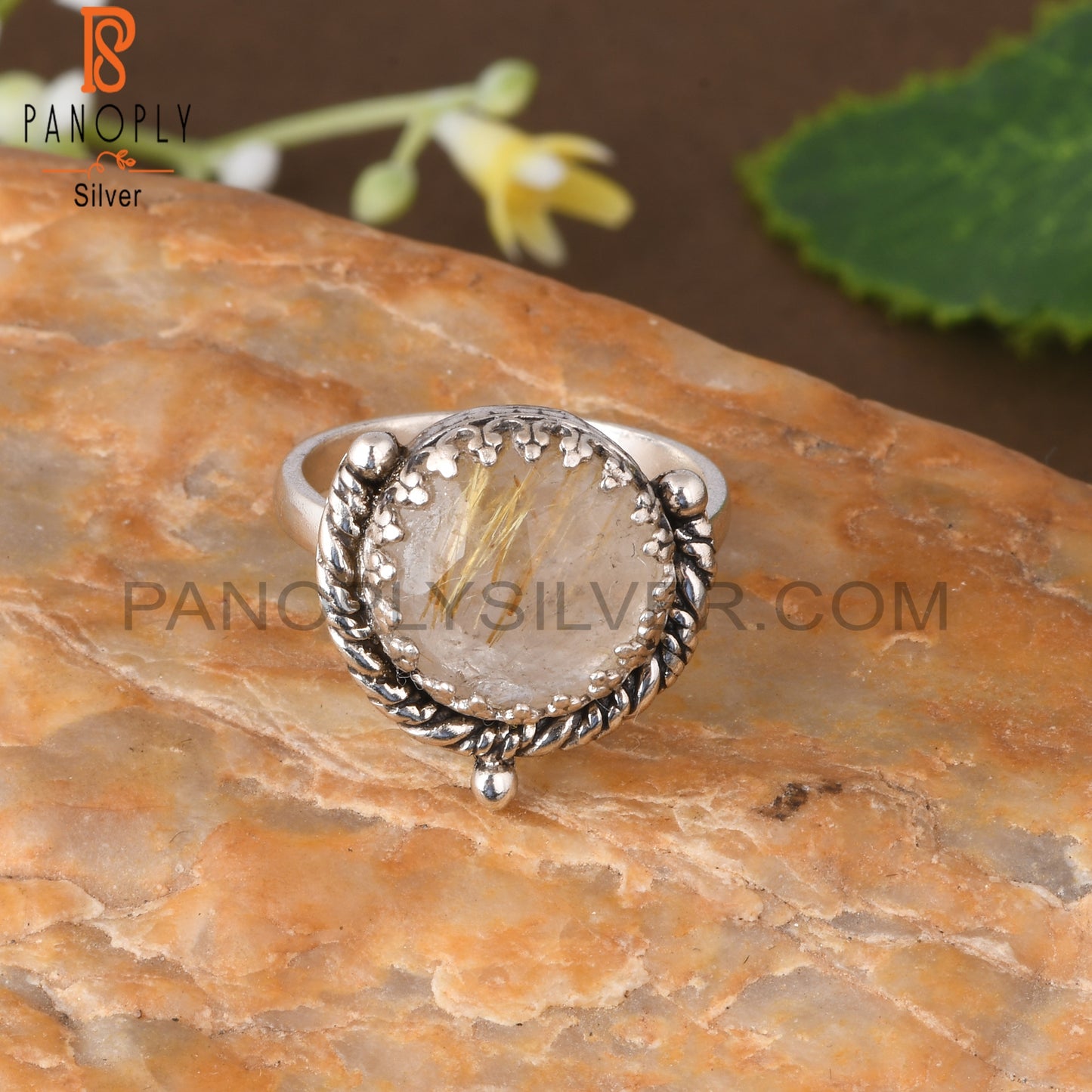 Golden Rutile Round 925 Sterling Silver Ring