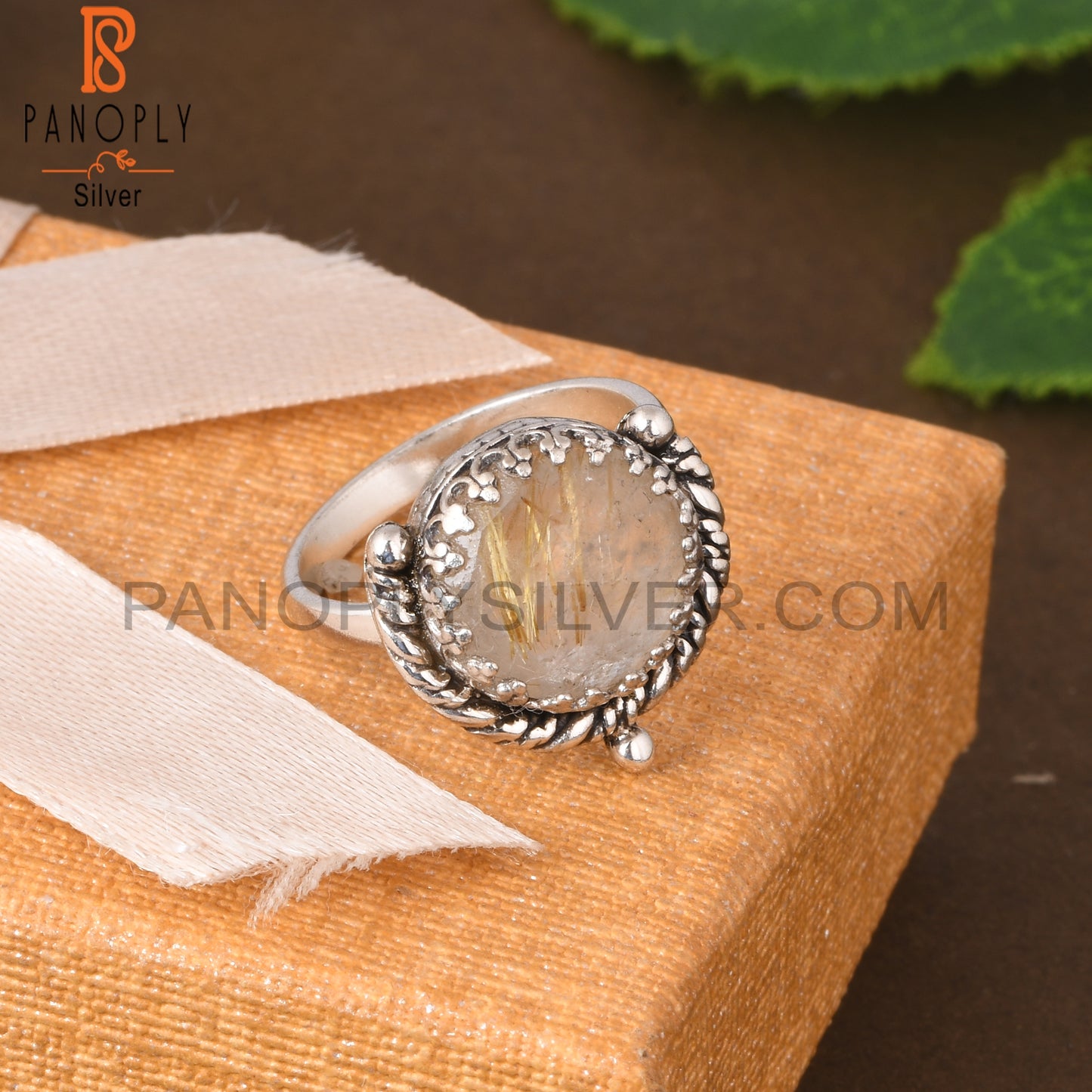 Golden Rutile Round 925 Sterling Silver Ring