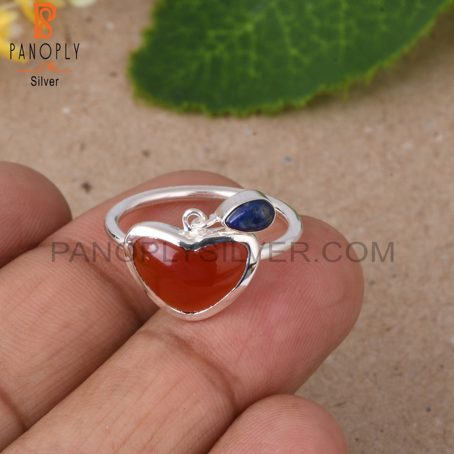 Red Onyx & Lapis Heart Shape 925 Sterling Silver Ring