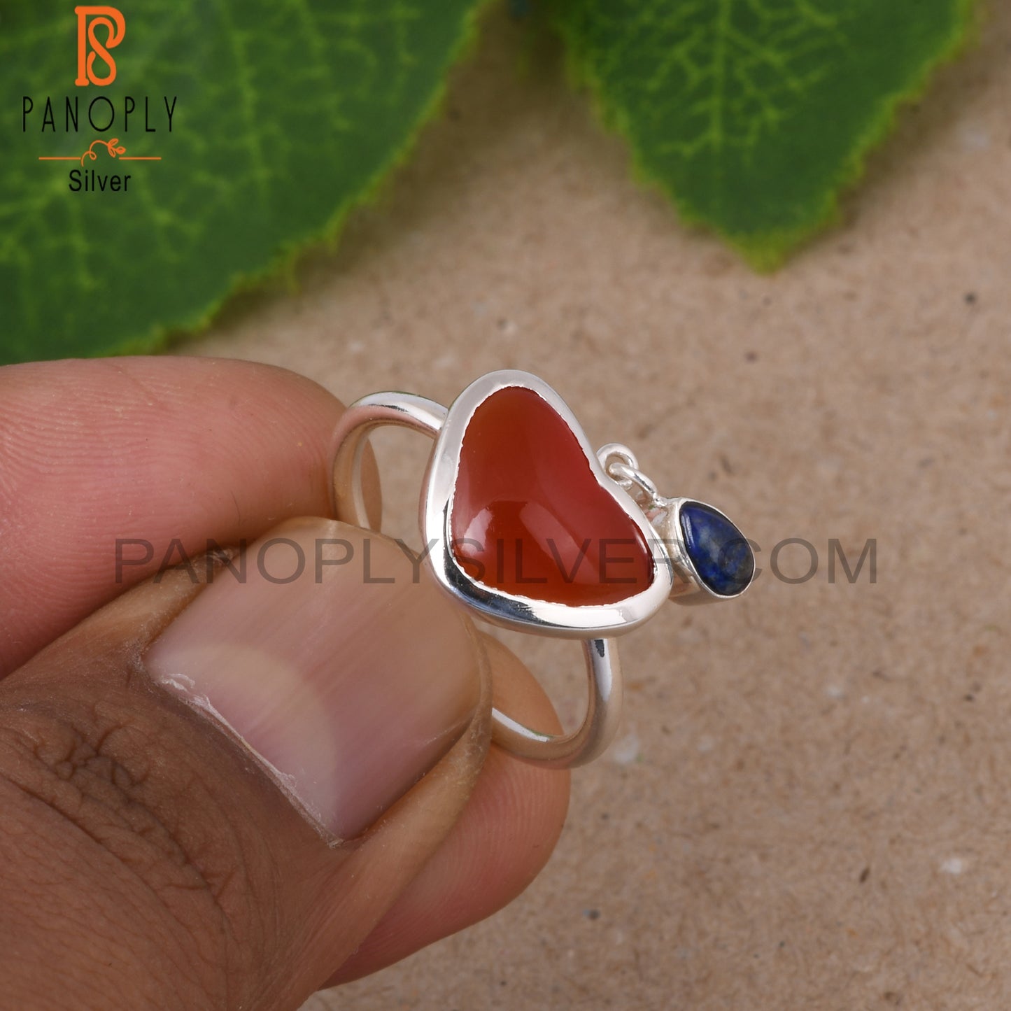 Red Onyx & Lapis Heart Shape 925 Sterling Silver Ring