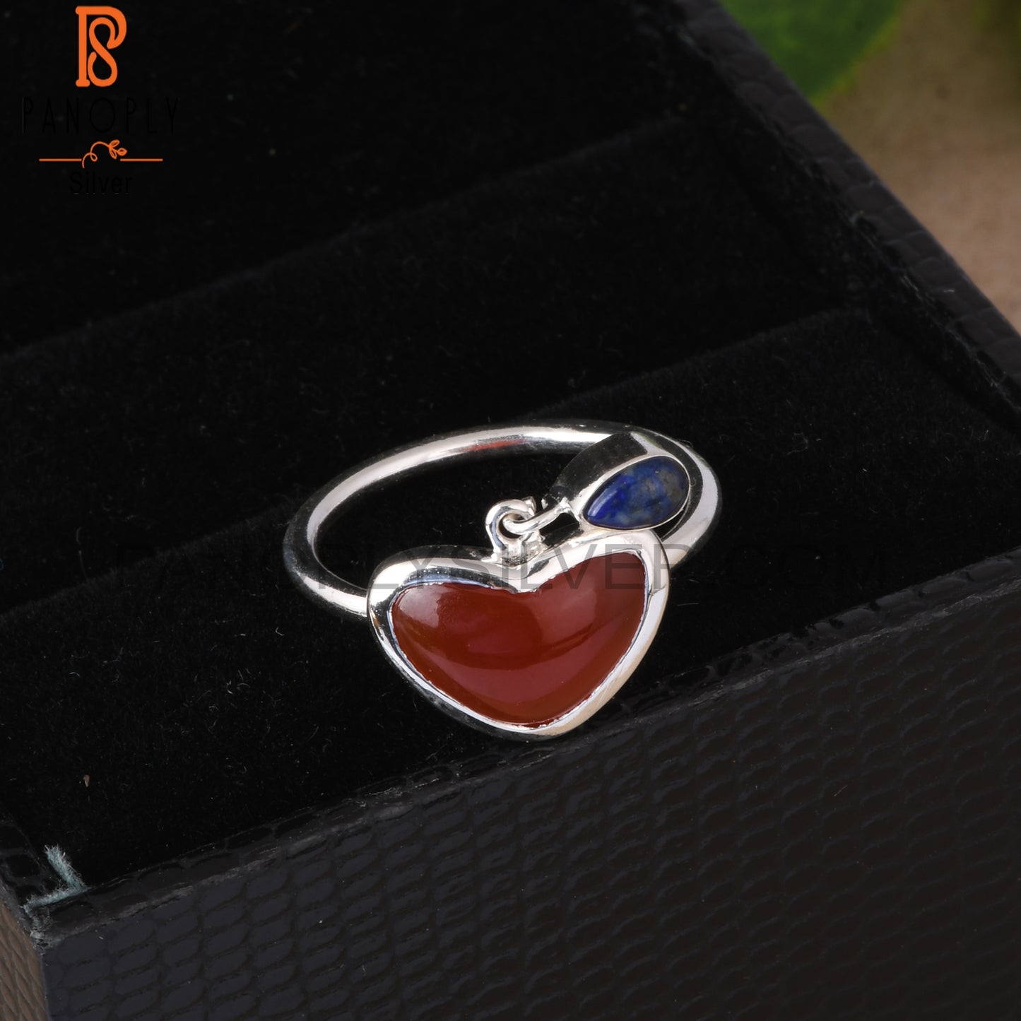 Red Onyx & Lapis Heart Shape 925 Sterling Silver Ring