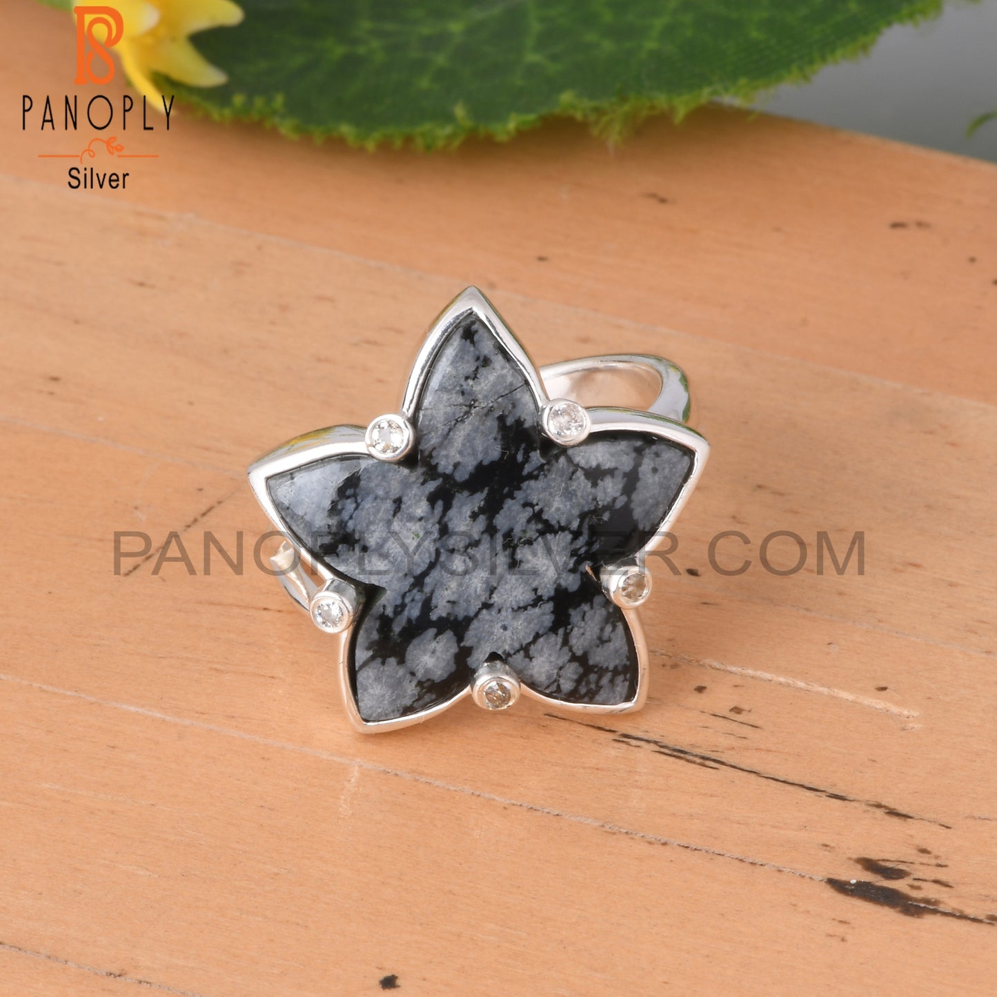Cubic Zirconia & Snowflake Obsidian 925 Sterling Silver Ring