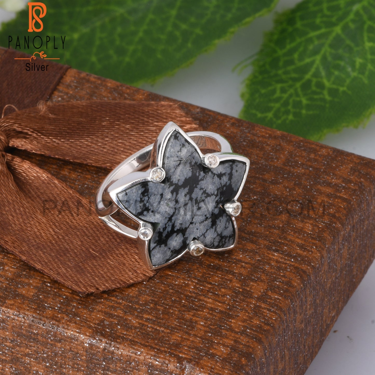 Cubic Zirconia & Snowflake Obsidian 925 Sterling Silver Ring