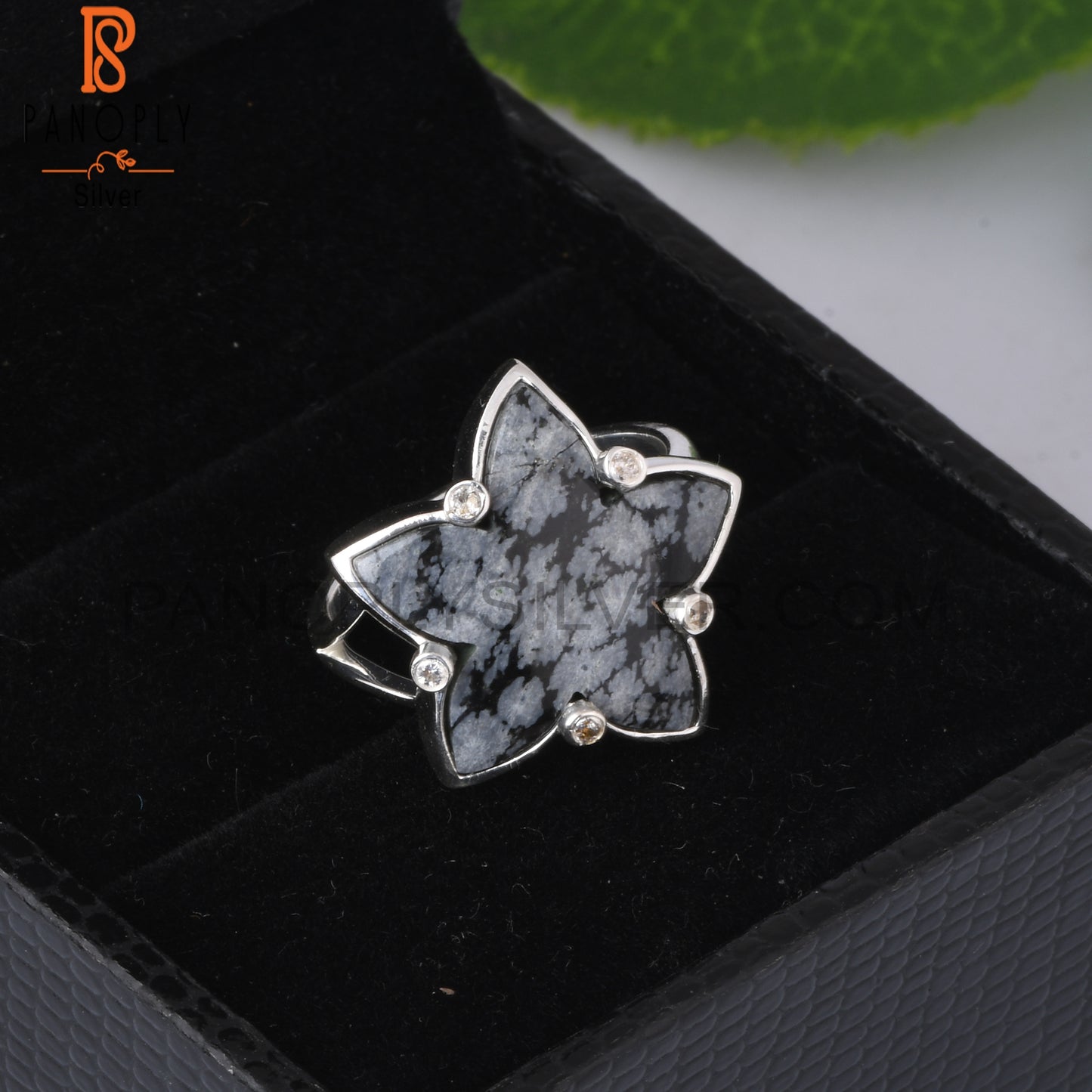 Cubic Zirconia & Snowflake Obsidian 925 Sterling Silver Ring