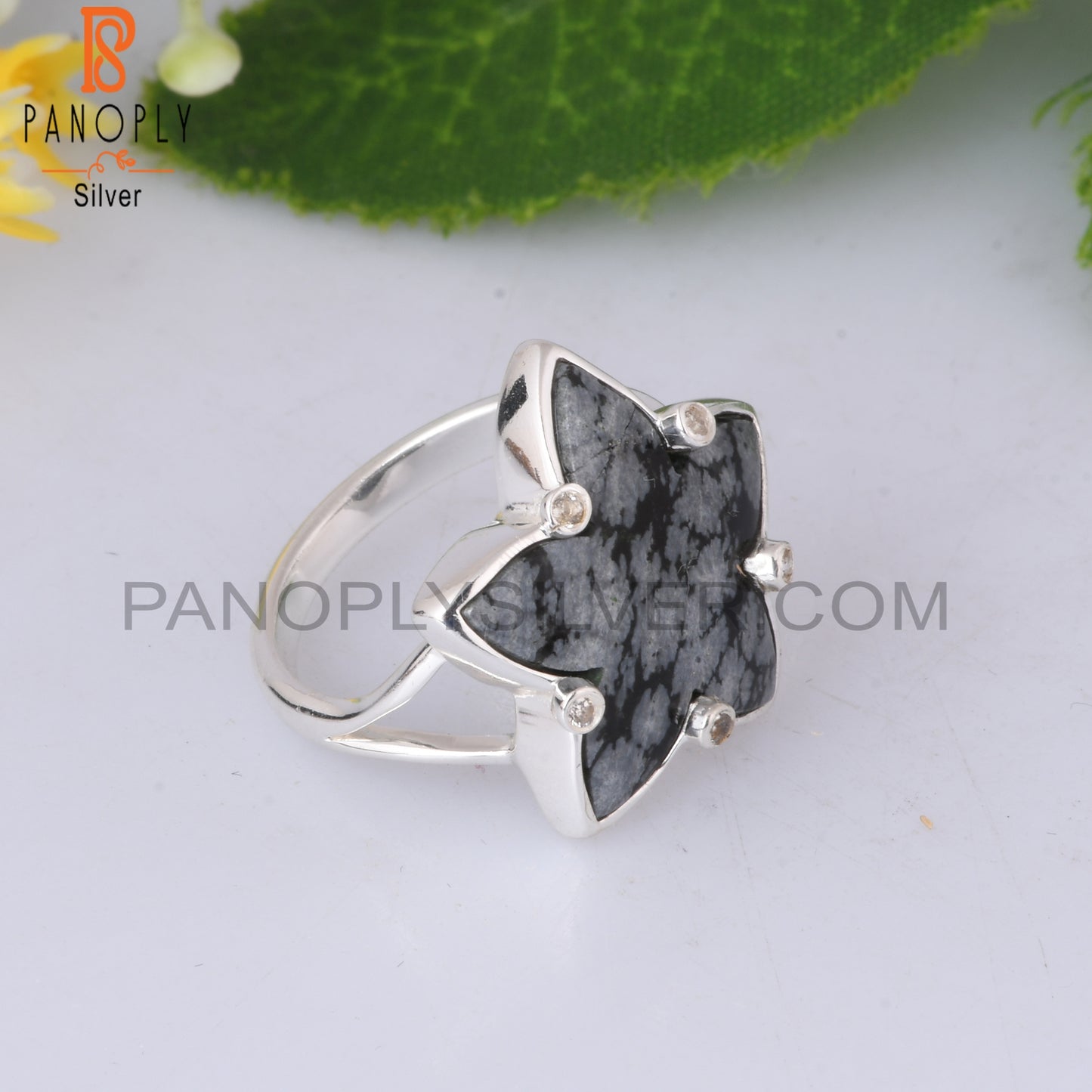 Cubic Zirconia & Snowflake Obsidian 925 Sterling Silver Ring