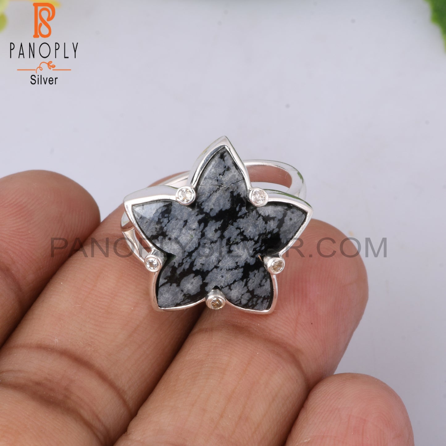 Cubic Zirconia & Snowflake Obsidian 925 Sterling Silver Ring