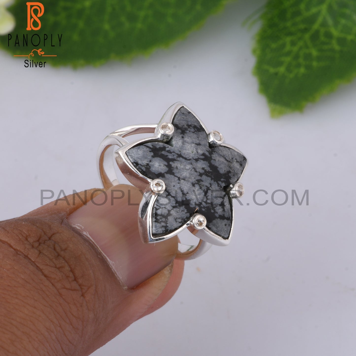 Cubic Zirconia & Snowflake Obsidian 925 Sterling Silver Ring
