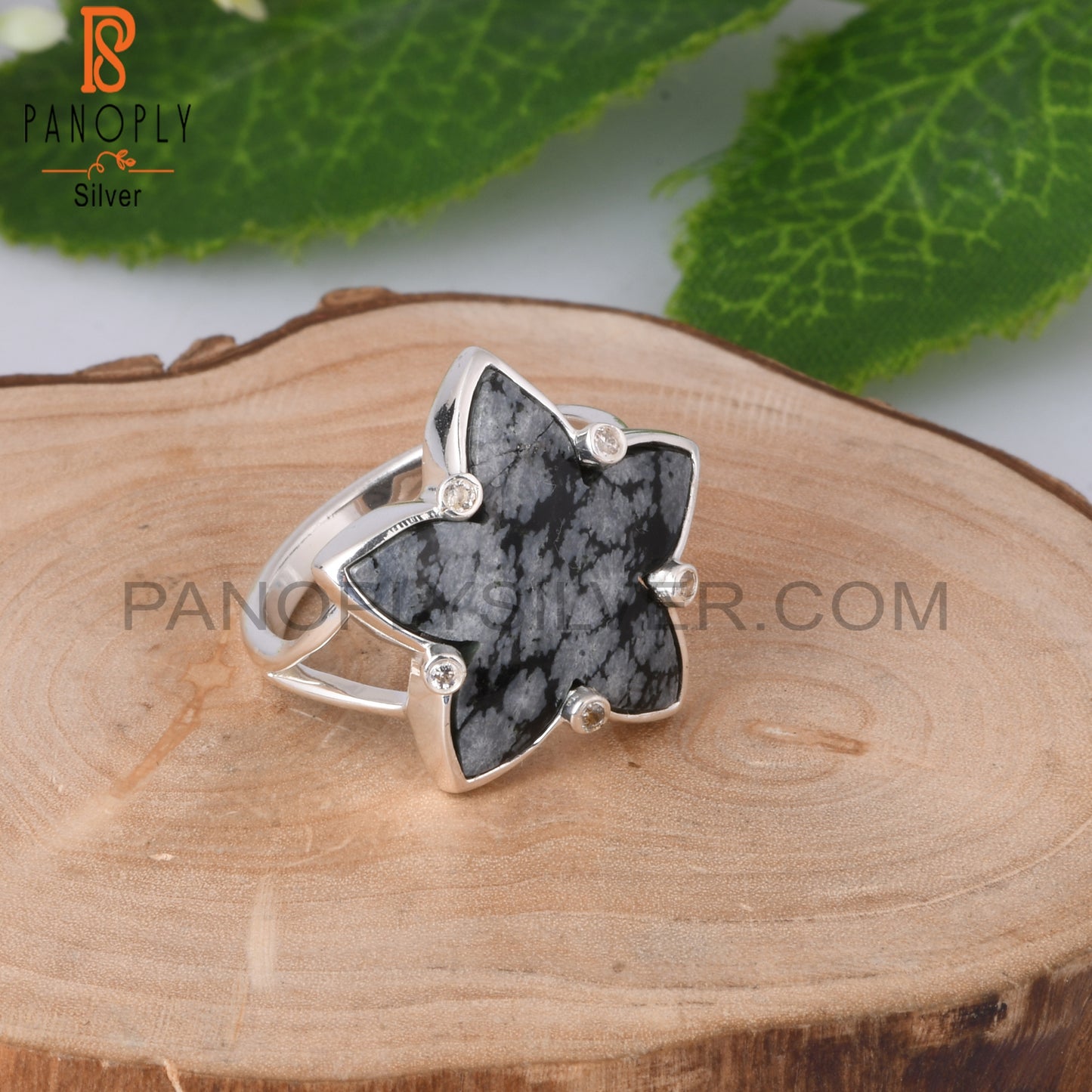 Cubic Zirconia & Snowflake Obsidian 925 Sterling Silver Ring