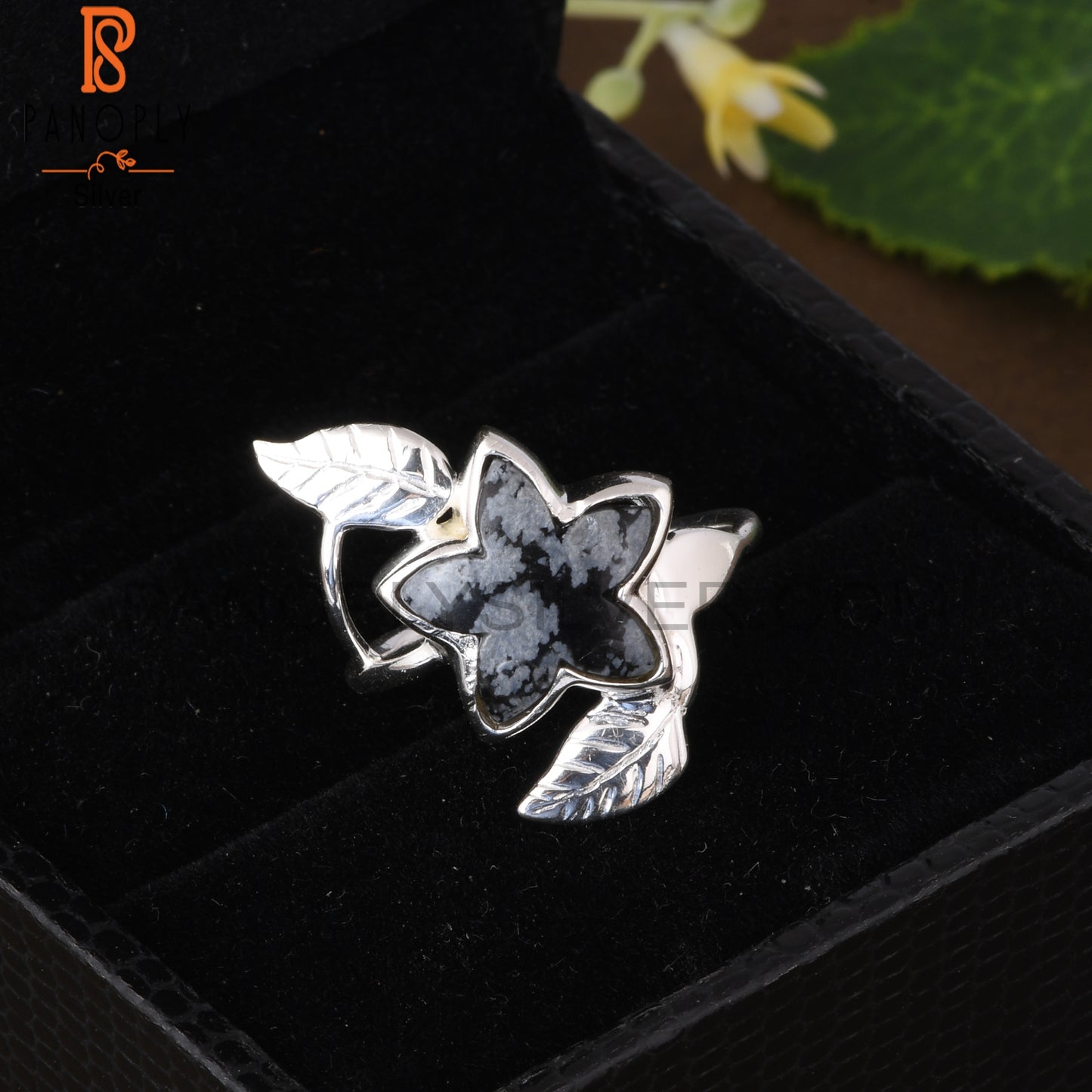 Snowflake Obsidian Flower Shape 925 Sterling Silver Leaf Ring