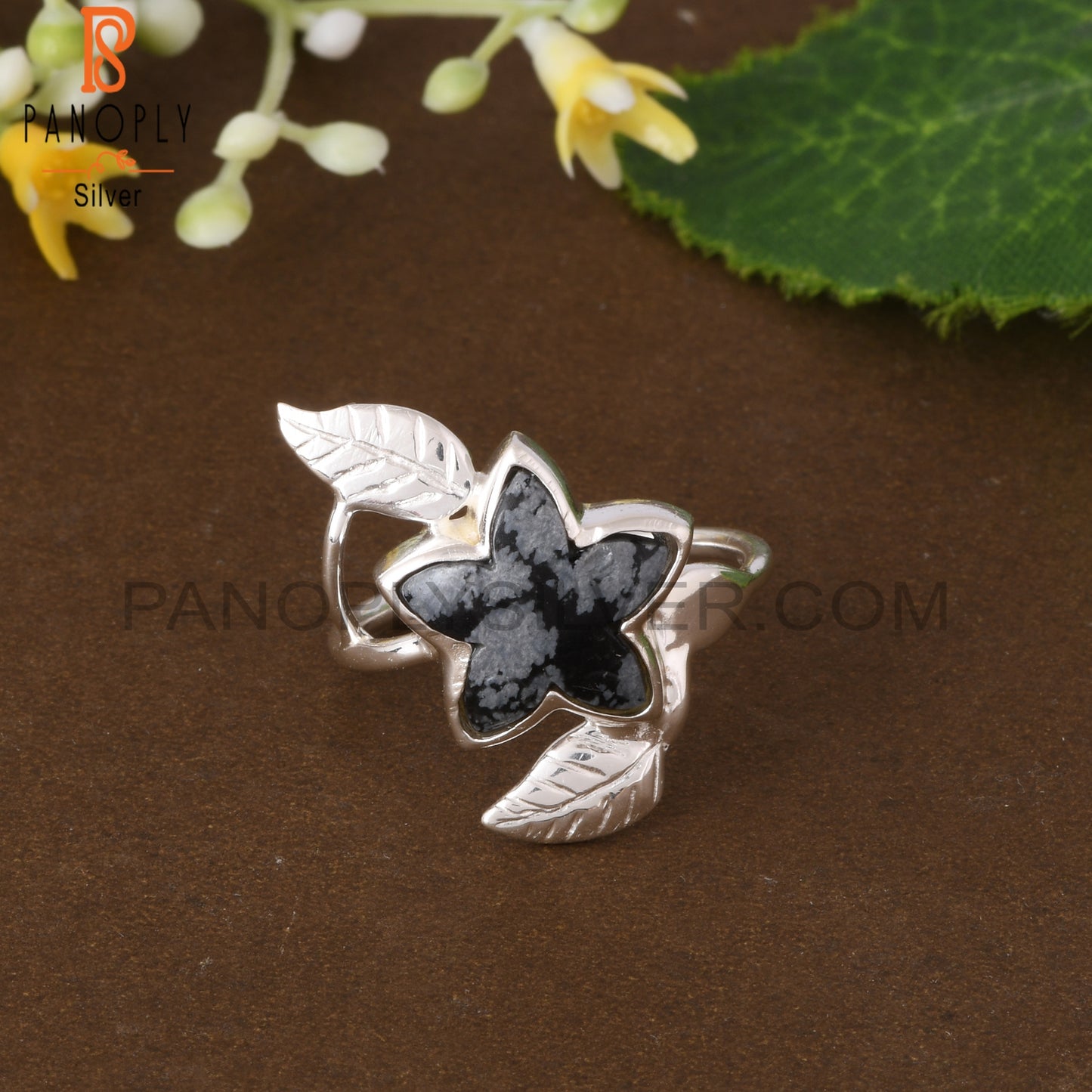Snowflake Obsidian Flower Shape 925 Sterling Silver Leaf Ring
