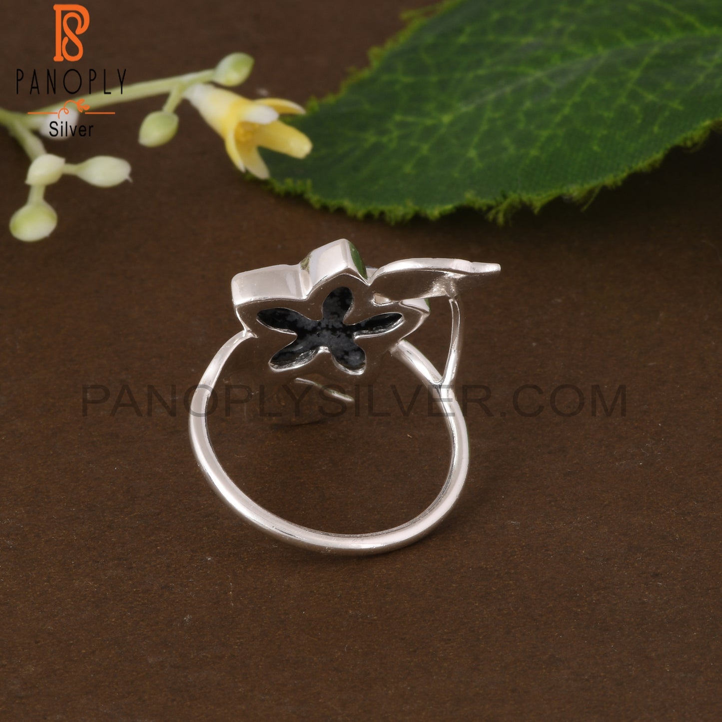 Snowflake Obsidian Flower Shape 925 Sterling Silver Leaf Ring