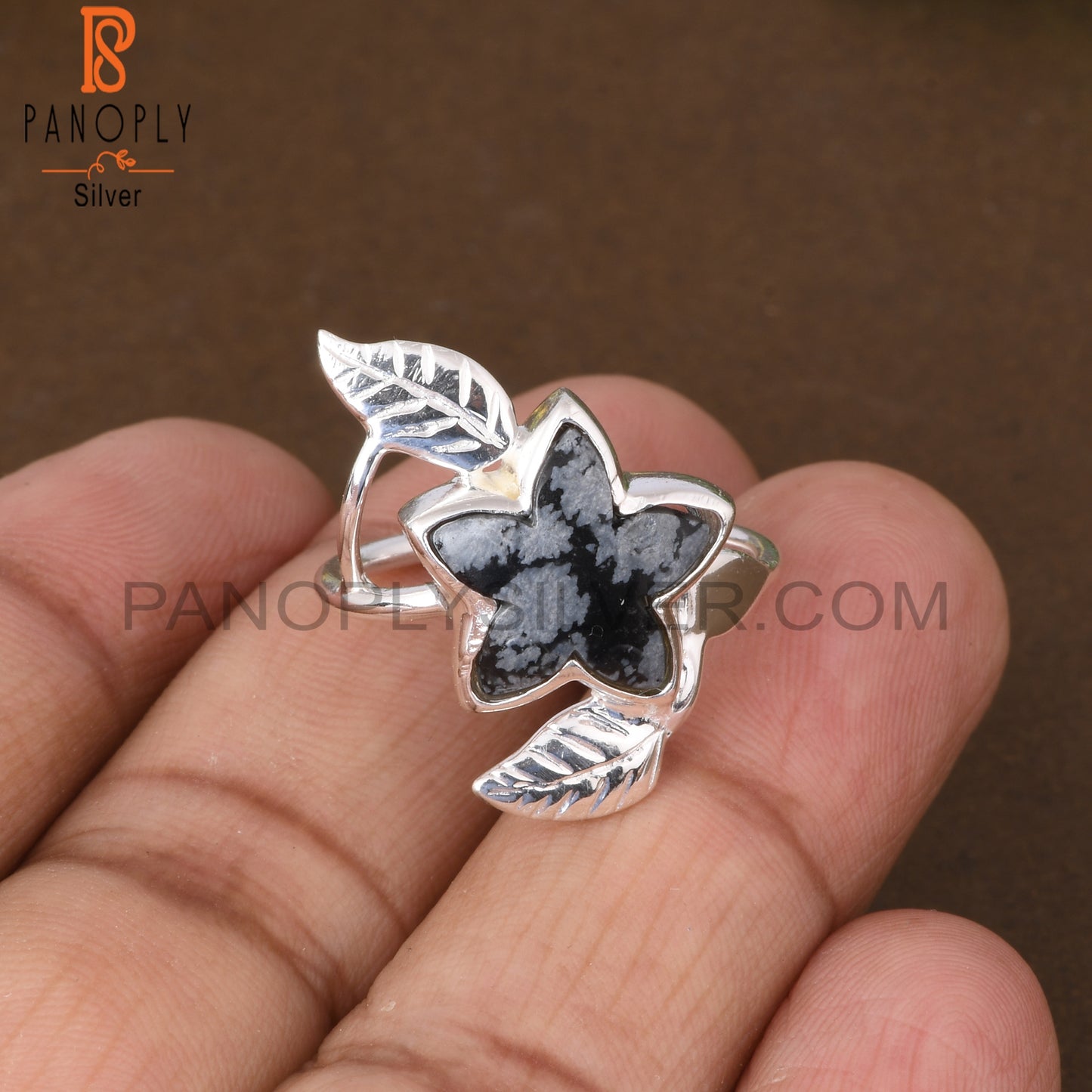 Snowflake Obsidian Flower Shape 925 Sterling Silver Leaf Ring
