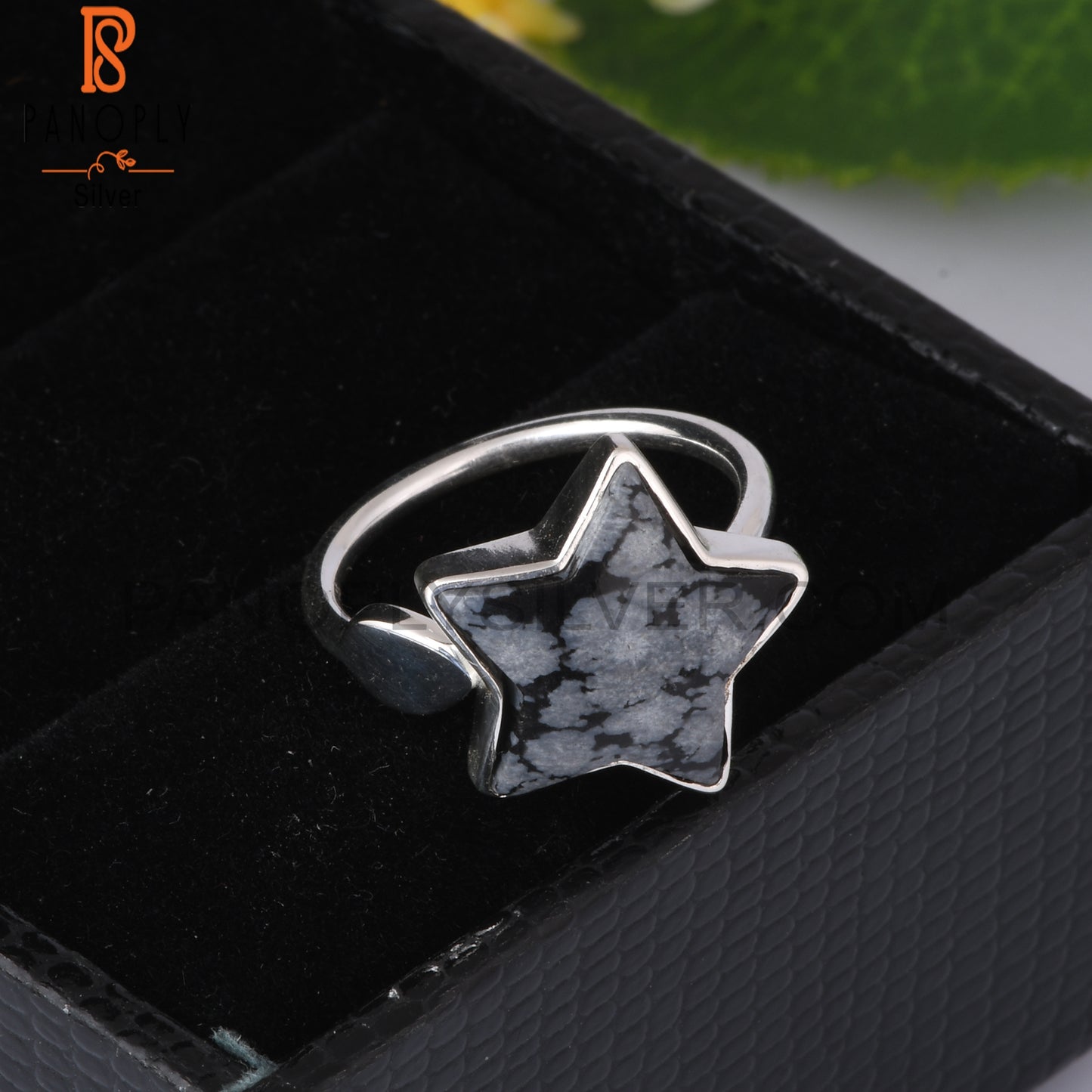 Snowflake Obsidian Flower Shape 925 Sterling Silver Star Ring