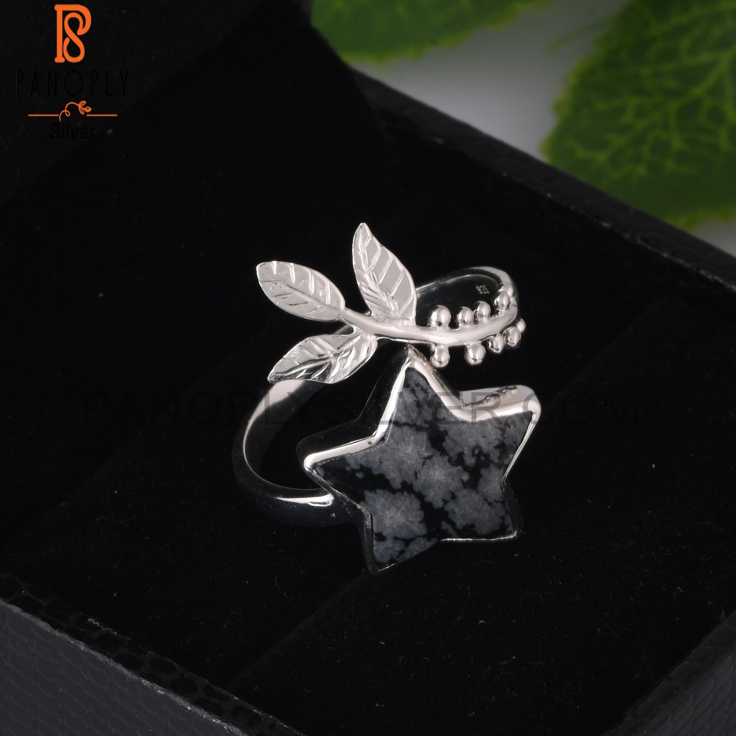 Snowflake Obsidian Flower Adjustable 925 Silver Leaf Ring